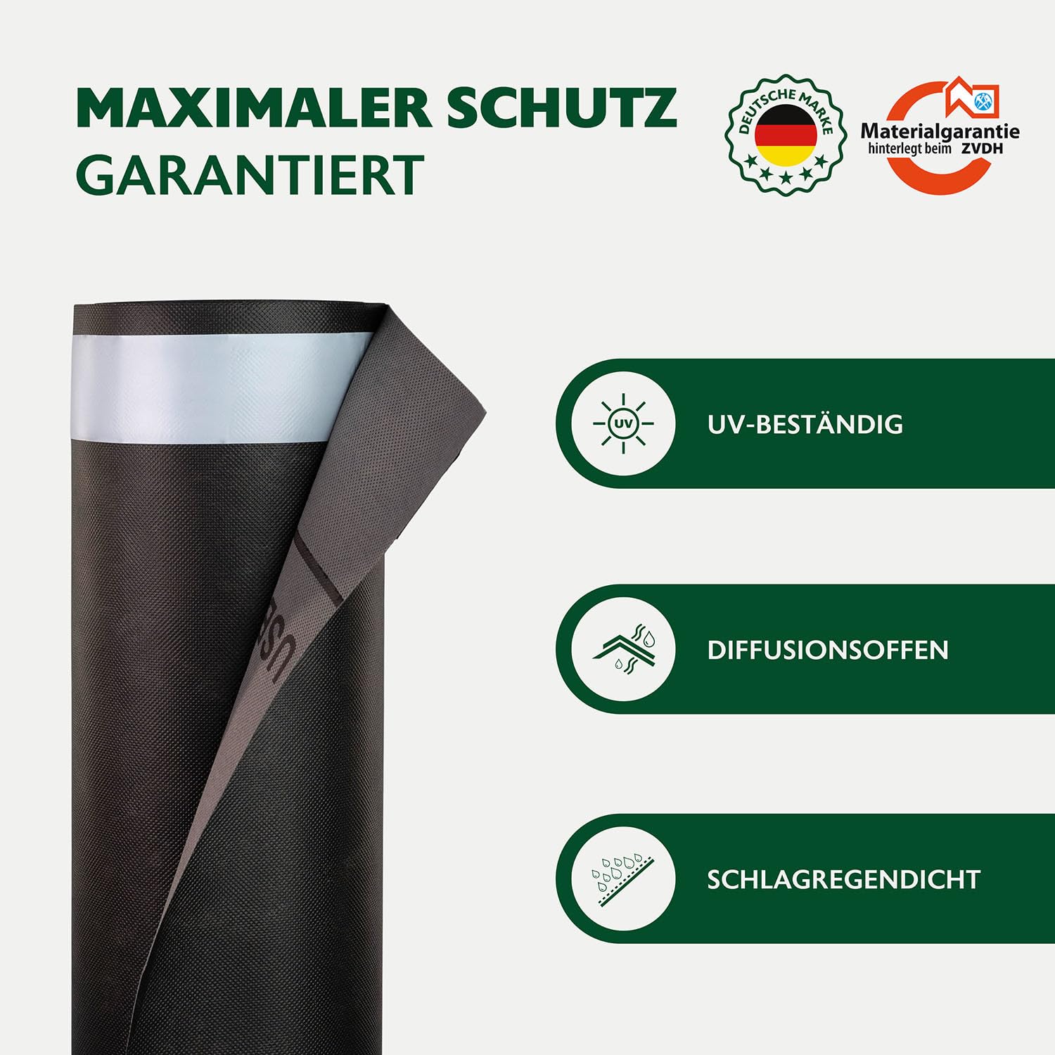 ALMO Unterspannbahn Dach 150g/m² | 75m² (1,5 x 50m) diffusionsoffen & UV-beständig | Wasserabweisende Dachfolie mit 2 Selbstklebestreifen | Fassadenbahn & Unterdeckbahn für Dachabdichtung