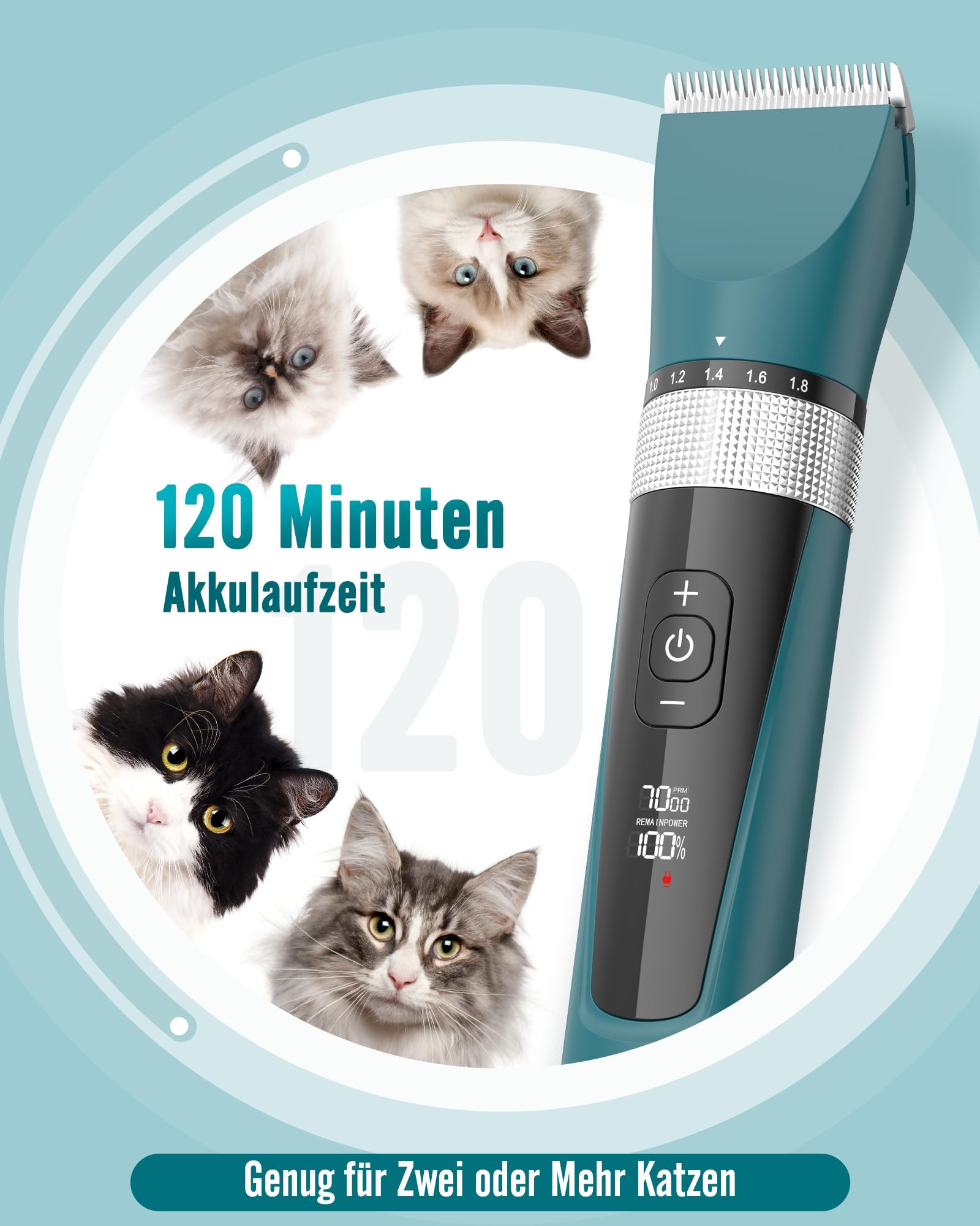 oneisall Schermaschine Katze Leise, Profi Haarschneidemaschine für langhaarkatzen, 5-Geschwindigkeiten Katzenrasierer mit LCD-Display, IPX6 Wasserdicht, Einfache Reinigung (Grün)