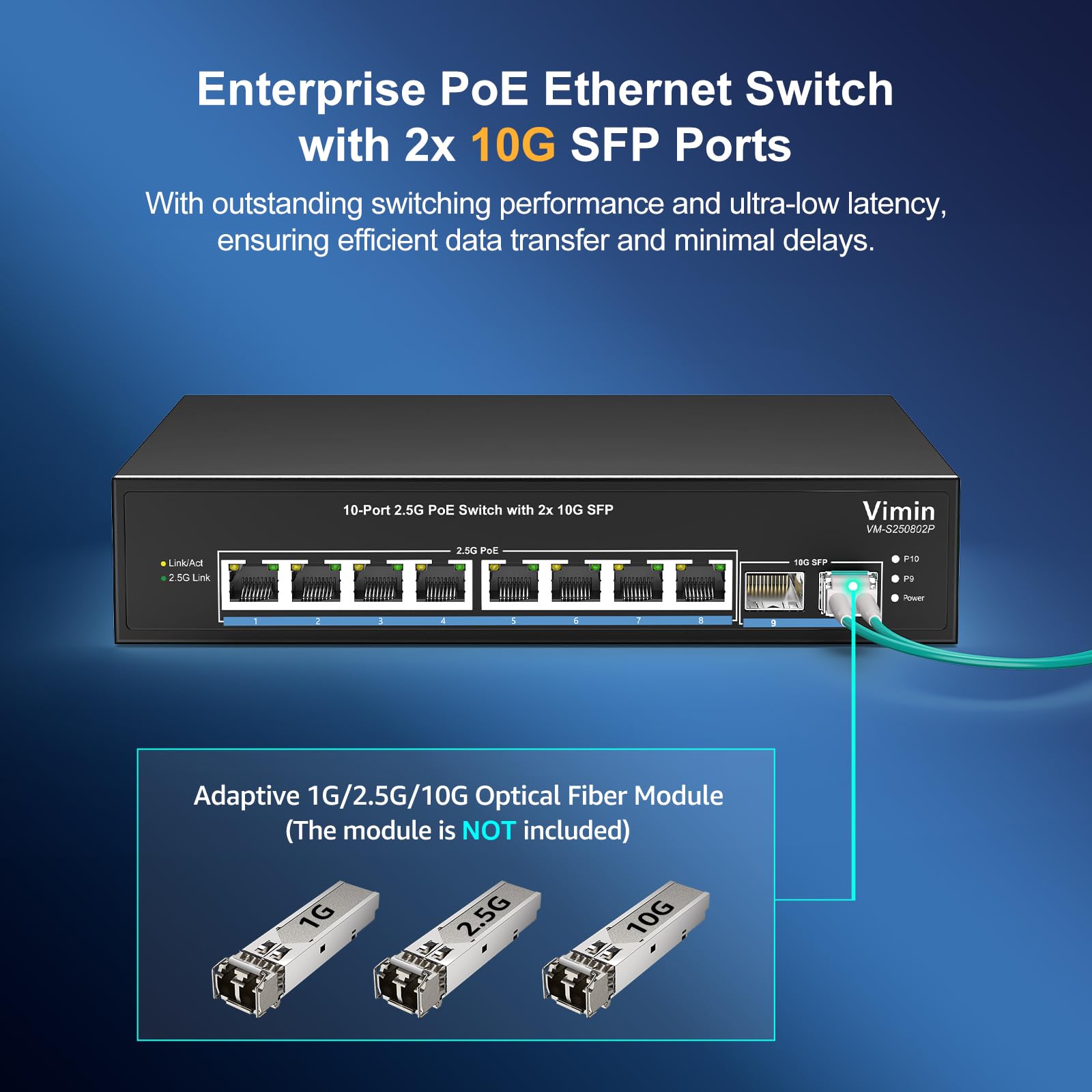 VIMIN Switch PoE a 10 porte 2,5G non gestito, 8X 2,5G Base-T PoE @130W+2X 10Gbps SFP, 8 porte PoE Switch con capacità di commutazione Ethernet 80Gbps, supporto IEEE802.3af/at, VLAN, alloggiamento in
