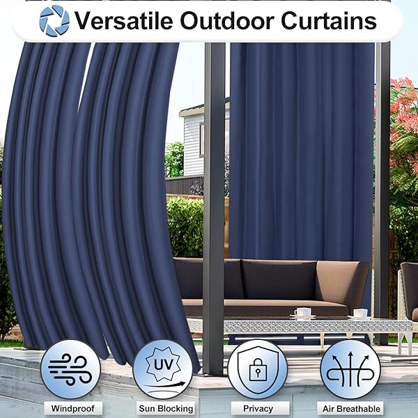 OutdoorLines Waterproof Outdoor Curtains for Patio - Windproof Tab Top Gazebo Curtain Panels - Privacy Sun Blocking Outside Curtain Set for Porch, Pergola and Cabana 54 x 96 inch, Navy Blue, 2 Panels - 5