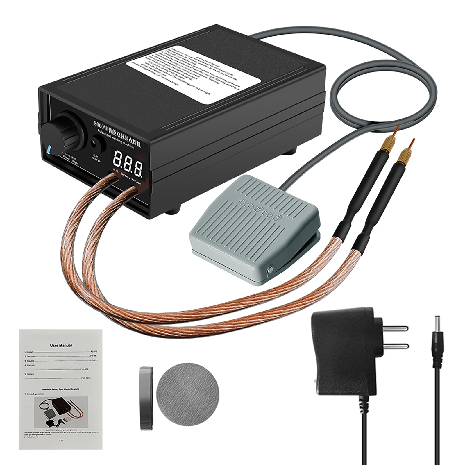 Soudeuse par Points 8000W, Portable Soudeuse par Points Réglable pour Batteries 18650, Mini Machine de Soudage par Points 0,1-0,3mm, 0-1200A,avec Ecran LCD,avec feuille de nickel de 1M