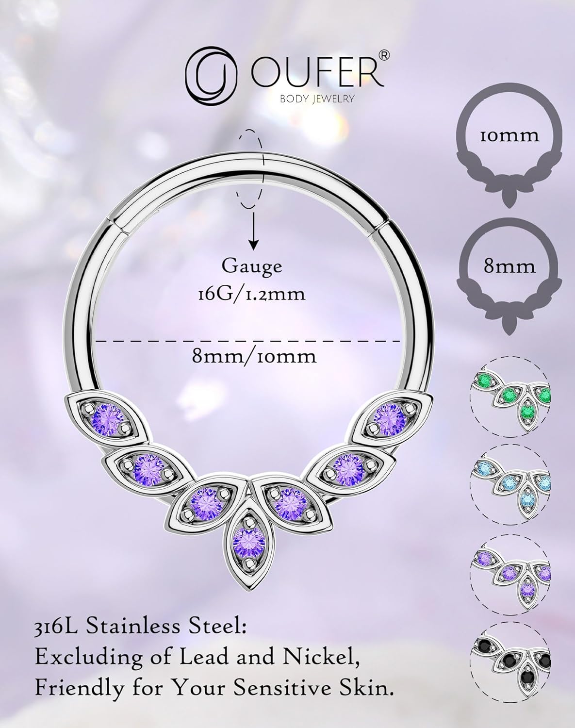 OUFER Septum Rings 16G, 316L Stainless Steel Septum Rings Hoops, Cluster CZ Hinged Segment Daith Helix Piercing Jewelry For Women And Men - Image 8