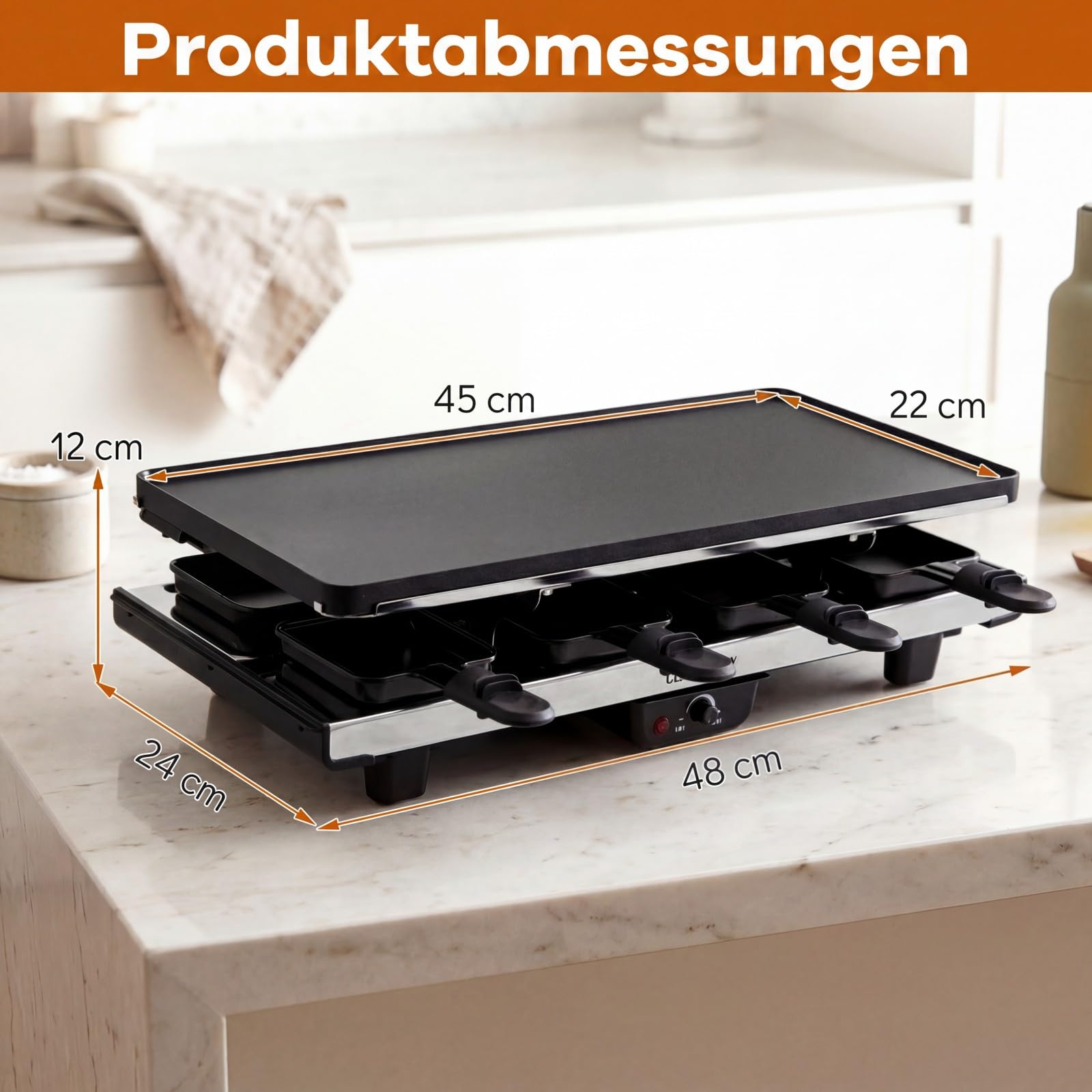 COSTWAY Grill raclette dla 8 osób, elektryczny grill z dwustronną nieprzywierającą płytą grillową 2 w 1 i regulowaną regulacją temperatury, w zestawie 8 patelni, 8 drewnianych szpatułek i szczypcami