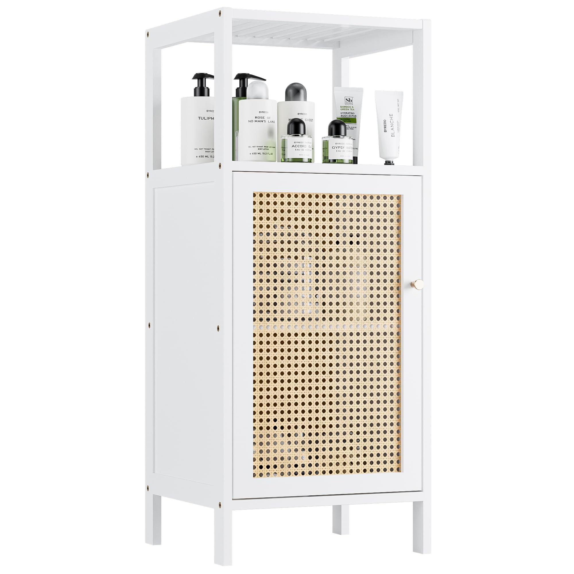 vovala Bamboo Floor Standing, Small Bathroom Cabinet Floor Standing with Rattan Doors, 4 Tier Narrow Side Storage Cabinet, Space Saving Cupboard for Laundry, Kitchen, Living Room (White)