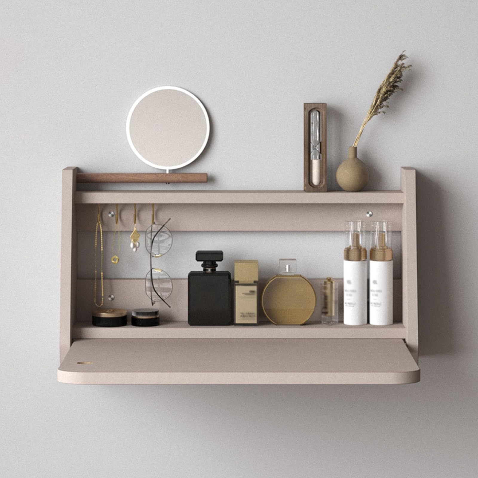 BKSXSOP Space-Saving Floating Vanity Makeup Table with Mirror, Small Wall-Mounted Dressing Table, Wood Shelf for Bedroom & Bathroom (Grey, 60cm)