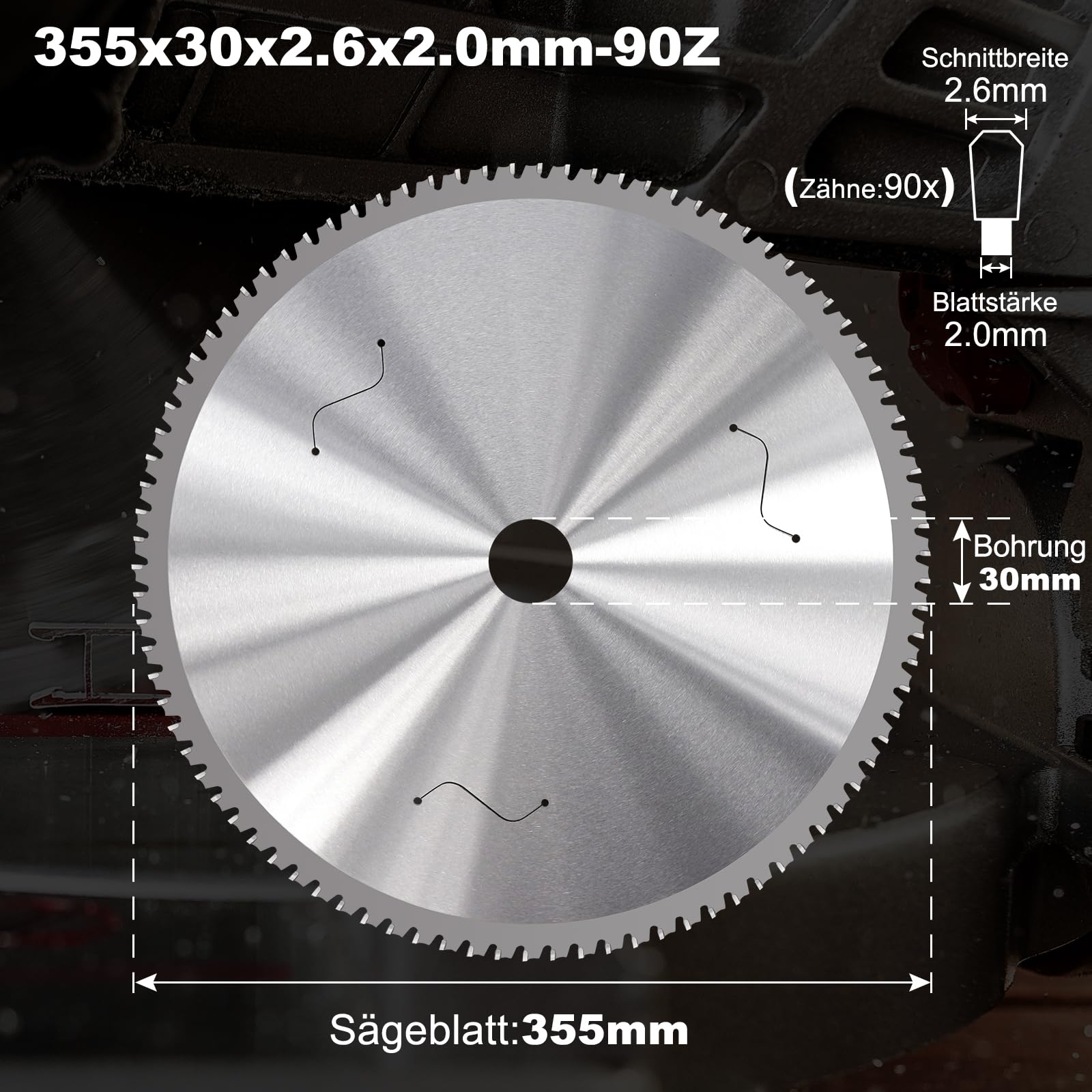 Lame de scie circulaire 355 mm x 30 mm x 2,6 mm, 90 dents HM pour métal, acier, fer d'angle, acier doux, pour scie circulaire de table, accessoires de scie circulaire