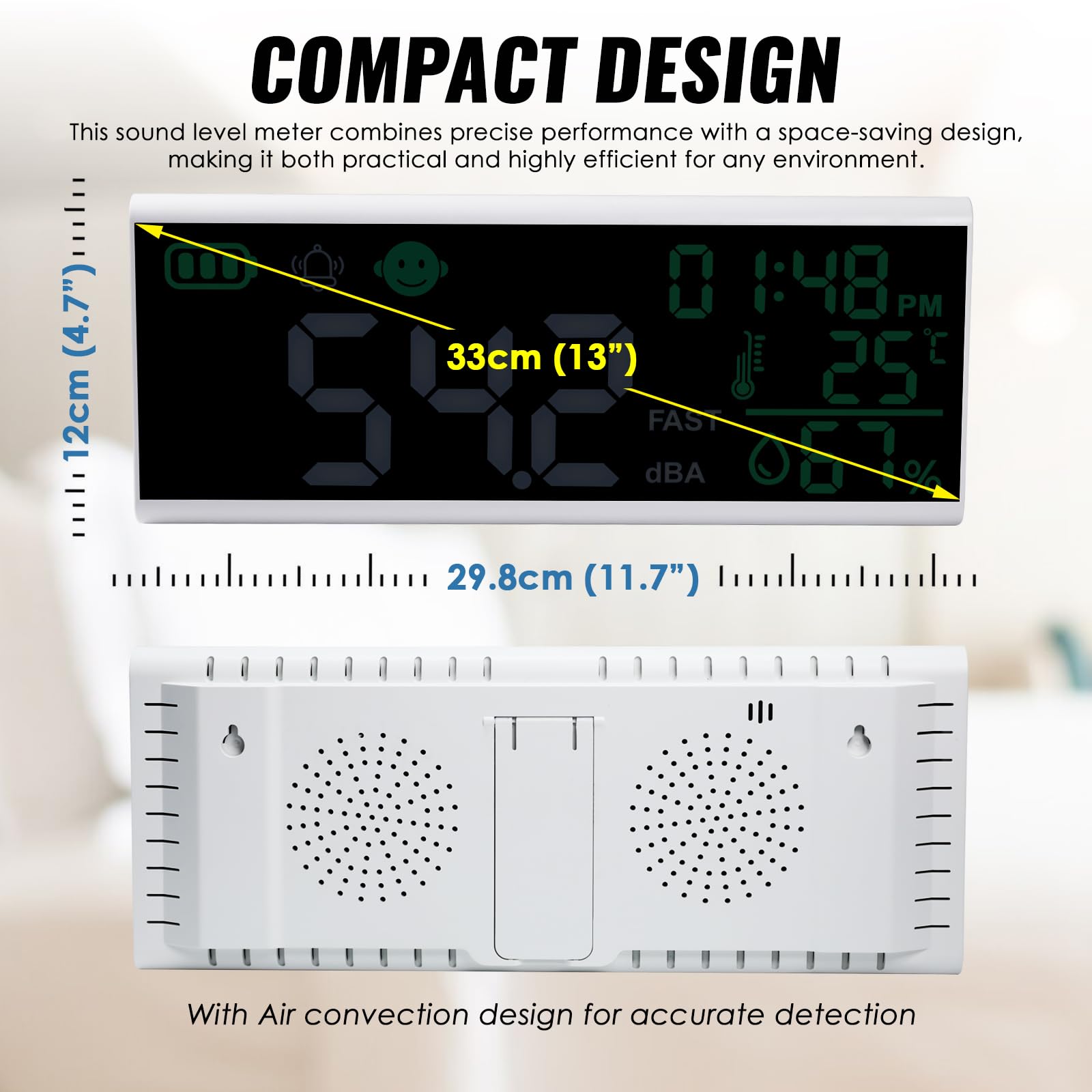Decibel Meter 13 inches 30~130dB Sound Level Meter, Large LCD Display Wall Hanging Sound Gauge, Noise Level Detector, Decibel Monitoring Device, Time, Temperature, Humidity for Studio Classroom Home — Amazon image 7
