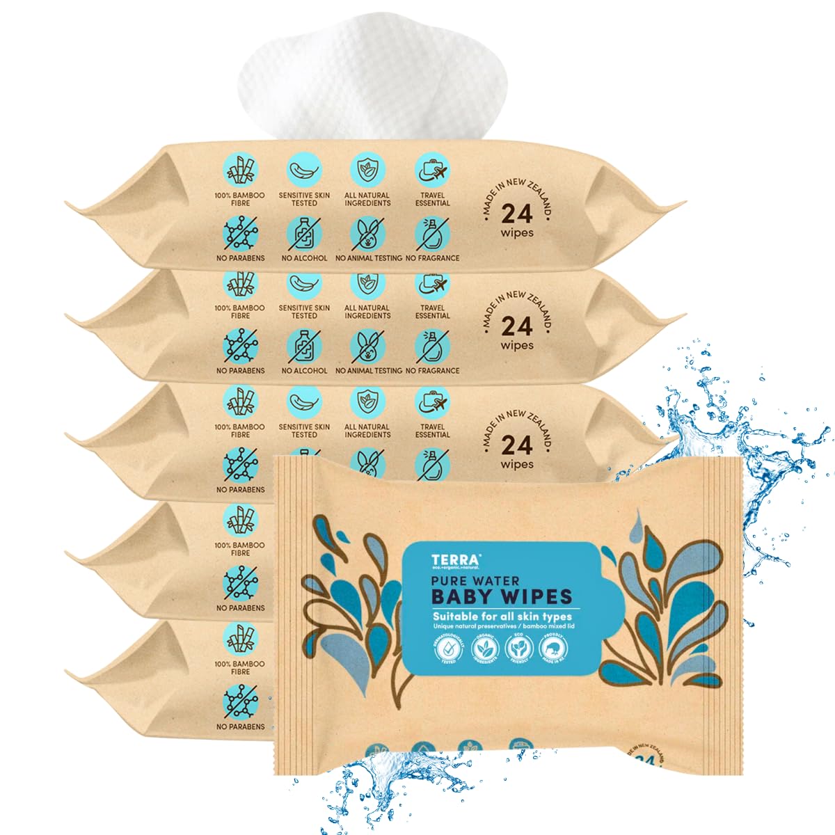 Terra® 100% Biodegradable Bamboo Baby Wipes - 144 Count (Pack of 6) | Unscented, Water-Based, Plastic & Alcohol-Free Baby Wet wipes| Gentle on Sensitive Skin, Dermatologist-Tested Natural Baby Wipes