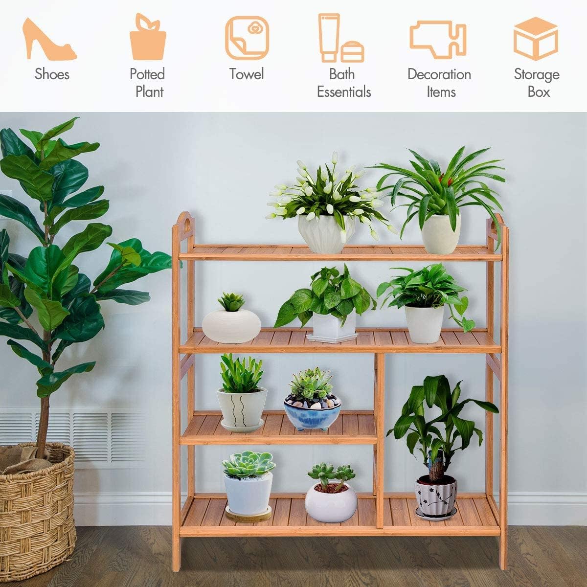 LDAILY LUARANE 4-Tier Bamboo Shoe Rack, Wood Plant Flower Stand Shelf with Handle, Shoe and Boot Rack for 12-14 Pairs, Suitable for Entrances, Corridors, Living Rooms, Gardens