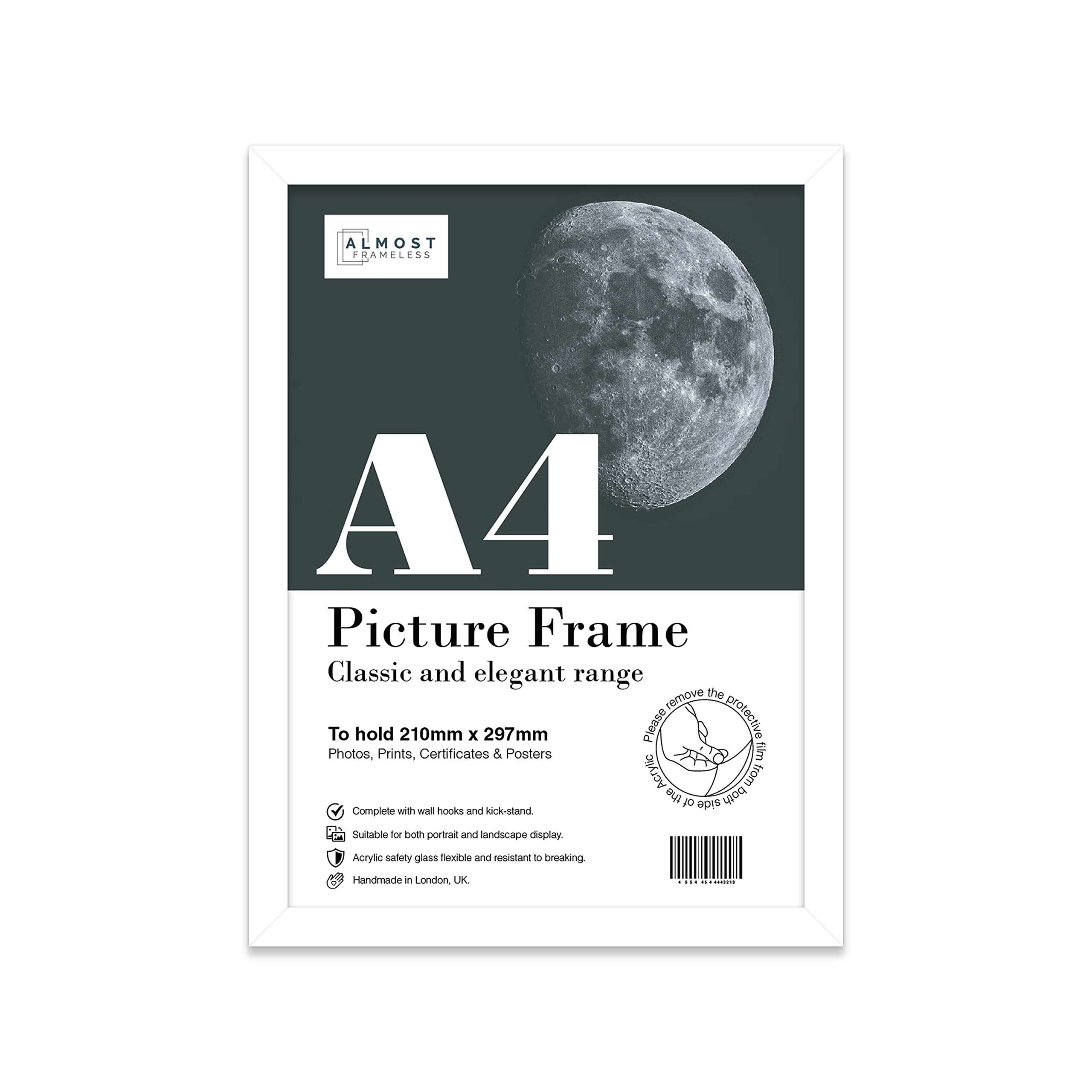 Almost Frameless A4 White Picture Frame, Fits A4 (21 x 29.7cm - 8.3 x 11.7in) Poster, Photo, or Print. Portrait and Horizontal Wall Hooks/Kickstand Wall Art Display
