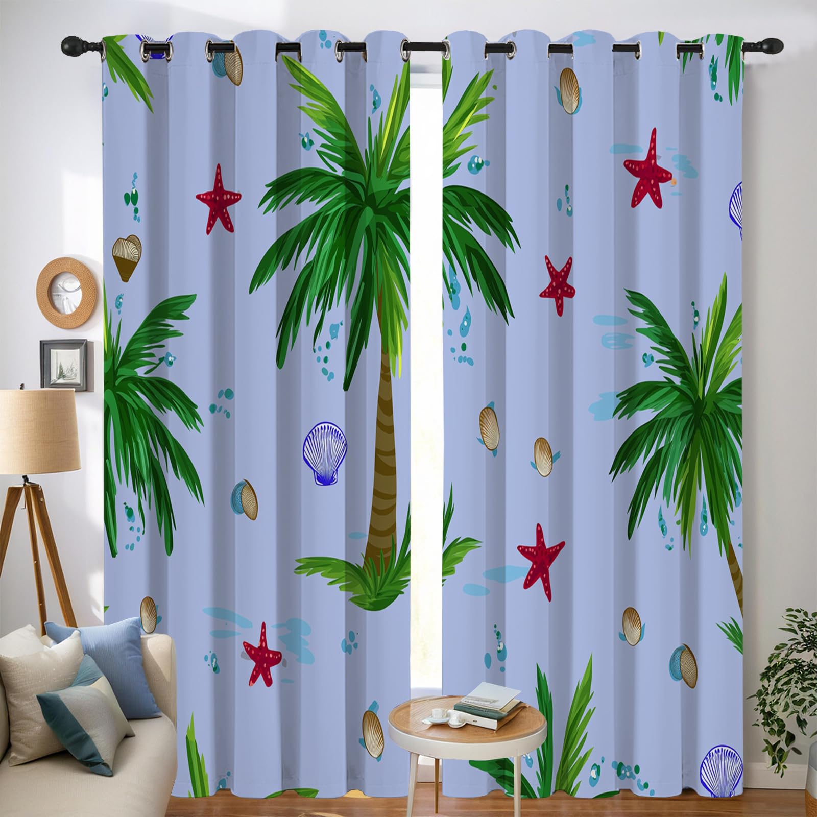 Tende Oscuranti Termiche Isolanti Con Occhielli,3D Digitale Albero Di Cocco A Forma Di Stella Marina Stampa Azzurro Chiaro Illustrazione Botanica Tenda Isolante Camera Da Letto Bambini 107L X 160A Cm