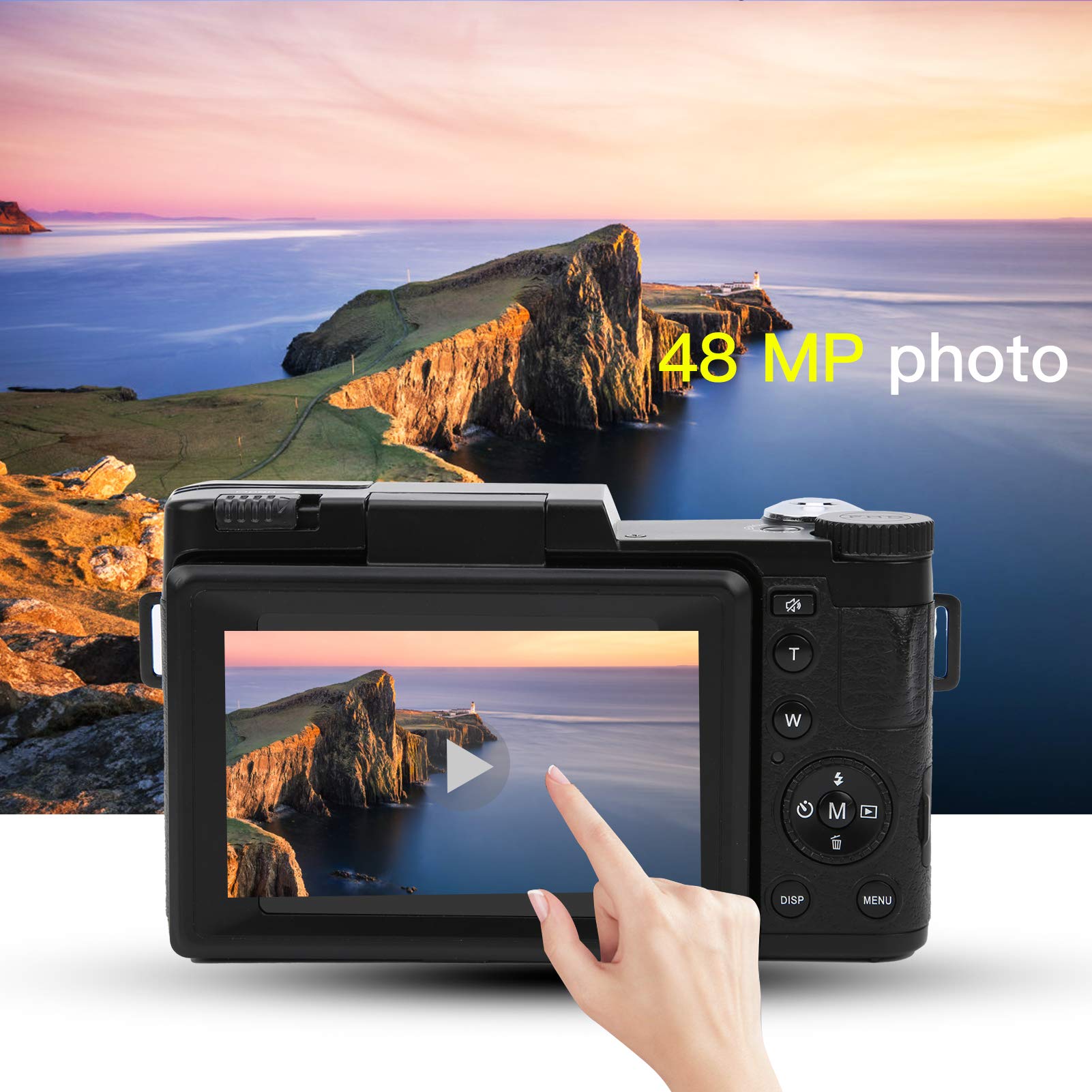 Amazon | 3インチLCDスクリーンデジタルカメラ180度回転2.7K48MP