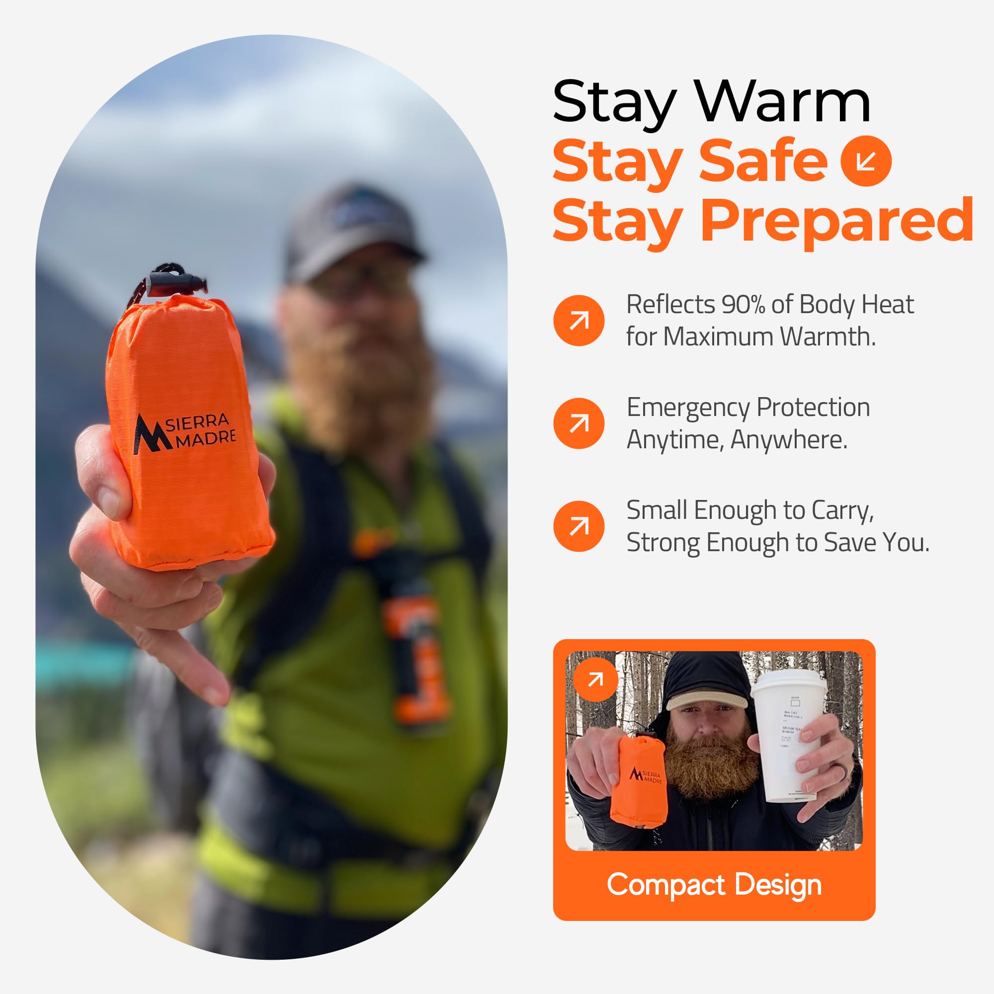 Sierra Madre Notfallschlafsack – Ultraleichtes, wasserdichtes Mylar-Thermo-Bivy-Sack-Zelt zum Wandern, Bug-Out-Bags, Survival-Kits – Notfall-Survival-Decke für Wärmespeicherung, 5 Stück