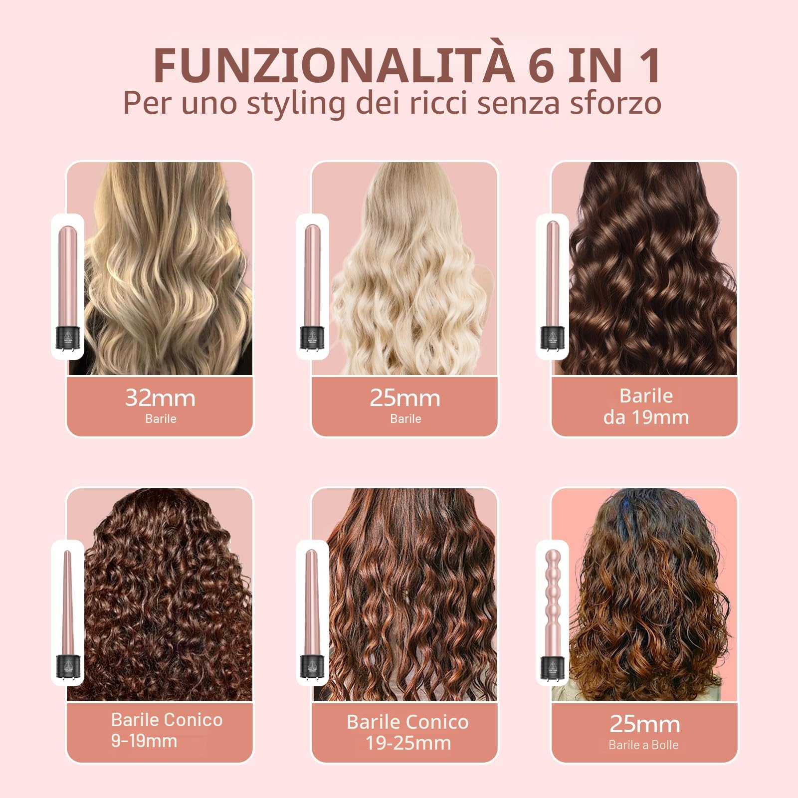 Ferro Arricciacapelli 6 in 1 Multifunzione Arricciacapelli Ceramica Set con Display LCD e Temperatura Regolabile 80°C - 230°C, Ondulatore Modellatore con Ferri di Diverso Adatto a Tutte
