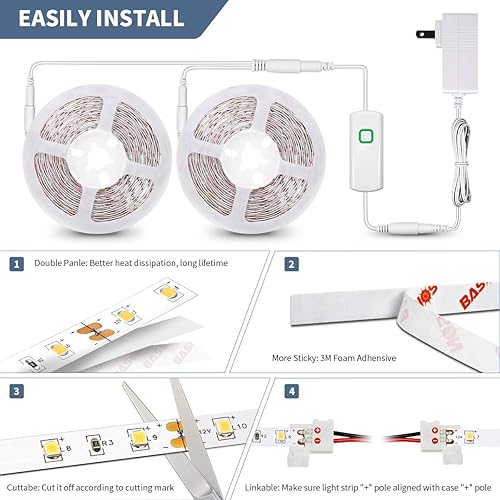 Miniatura 5 de Tira de luces LED de 50.5 pies, luz blanca cálida, tira flexible de luces LED de intensidad regulable, Kits con fuente de alimentación ETL de 24V,