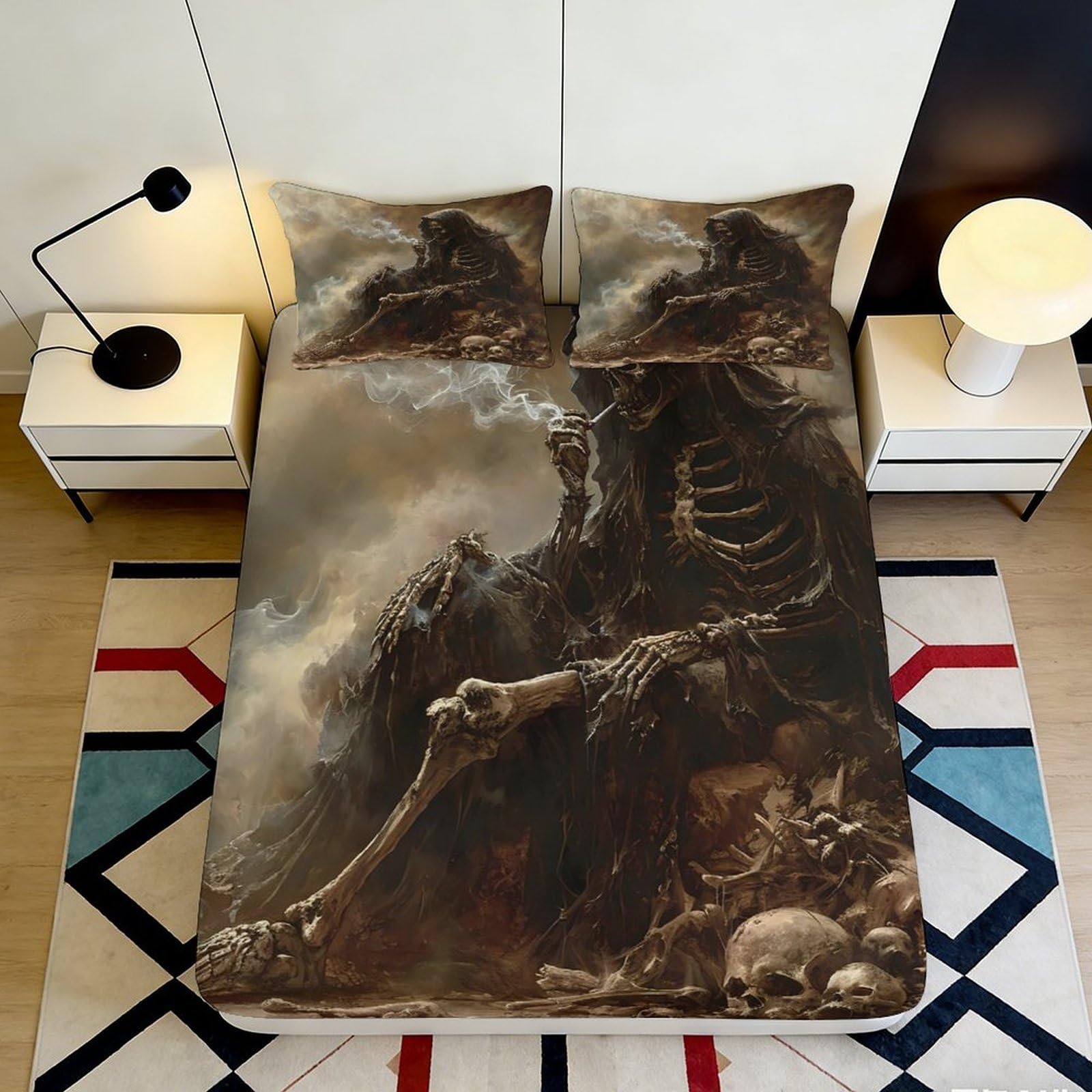 3D Printed Grim Reaper Skeleton Fitted Sheet Microfiber Dark Smoke Skull Mattress Cover for Bedroom Decor 140x200x25cm