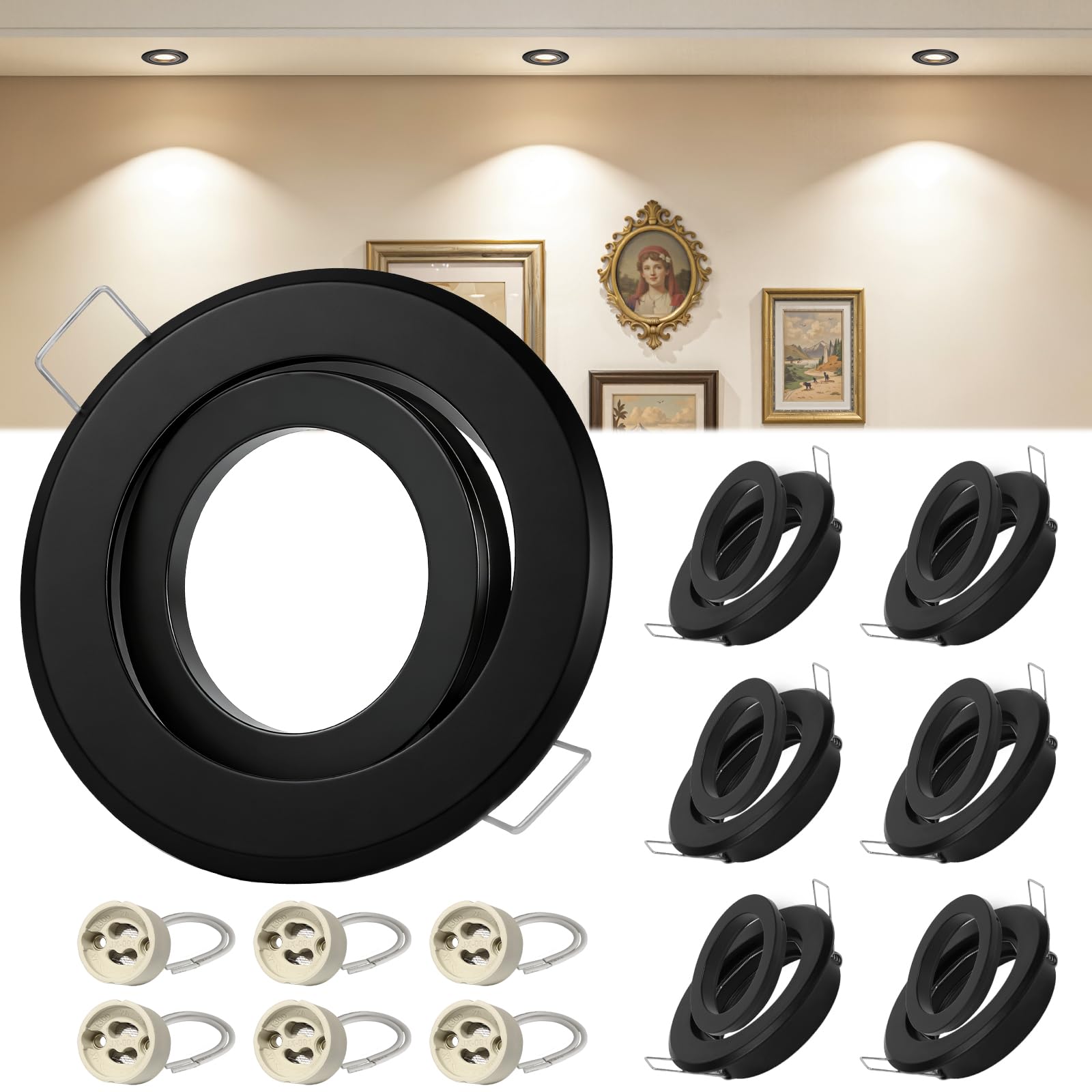 Dehobo 6er Einbaustrahler GU10 Set, Aluminium Einbaurahmen Schwenkbar 30° mit GU10 Fassung, 230V Einbauleuchte Rahmen Ultra Flach für 68-80mm Löcher, Modern Einbauspots für LED oder Halogen