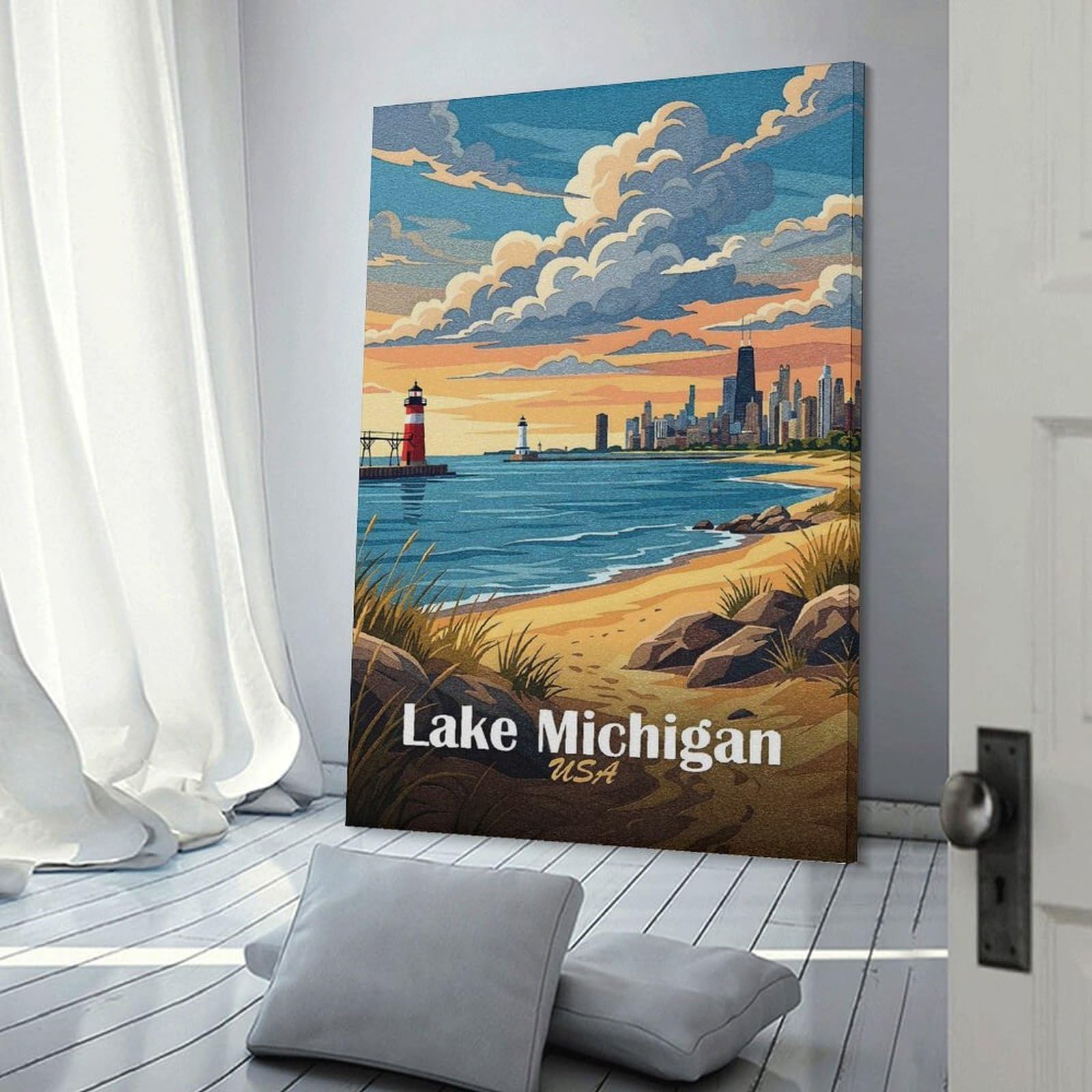 Junmoney Lake Michigan Travel Wall Art Print, 20x30inch(50x75cm), for Lounge Decor, Bedroom Walls Or Flats, Decorative Artwork for Empty Walls