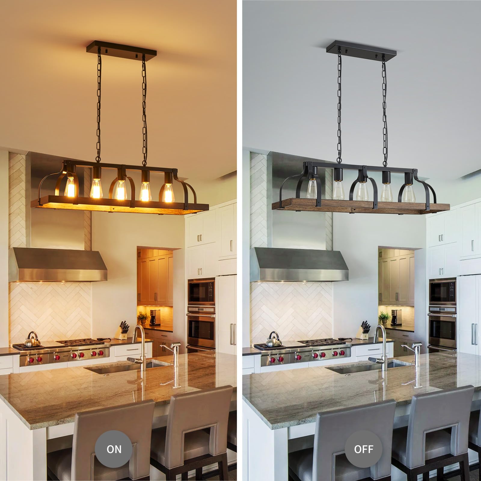 WUZUPS 5 Lustres Métal Léger Imitation Grain de Bois Lampe Suspension Linéaire Éclairage Plafond Rustique Ferme Robinet Cuisine Île Salle à Manger Socle E27 Noir & Bois Rétro