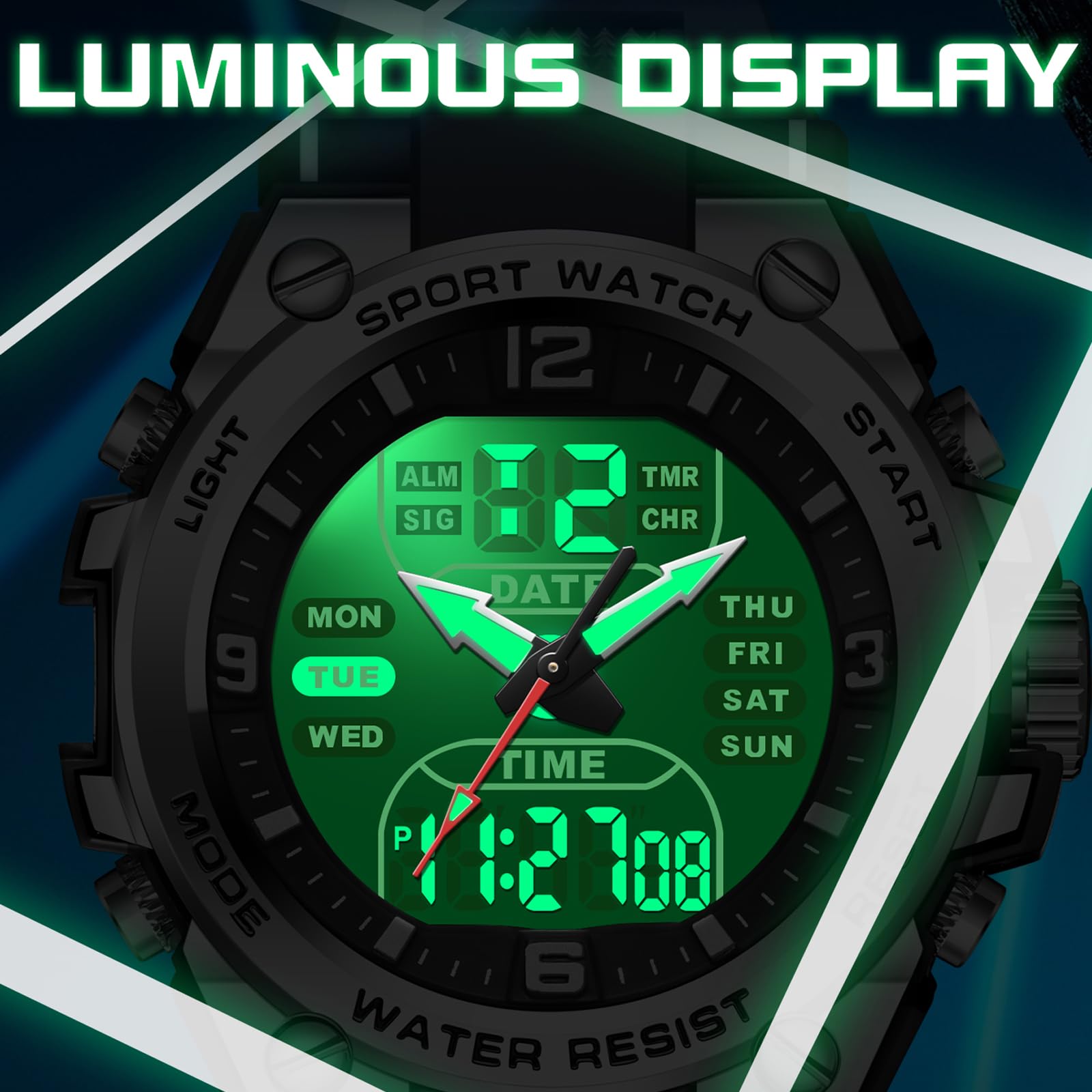 Orologio da polso da uomo, digitale, sportivo, impermeabile, militare, con display a LED, lancette analogiche e numeri digitali, Nero , cinghia