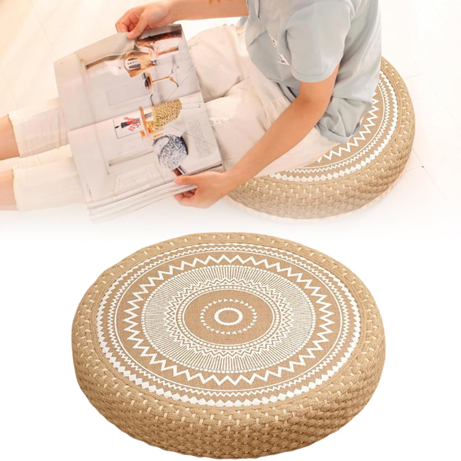 Cuscino per Meditazione Cuscino Rotondo Intrecciato in Paglia per Pavimento | Stile Boho per Arredamento Casa Yoga Soggiorno Sala da Tè Esterno e Interno