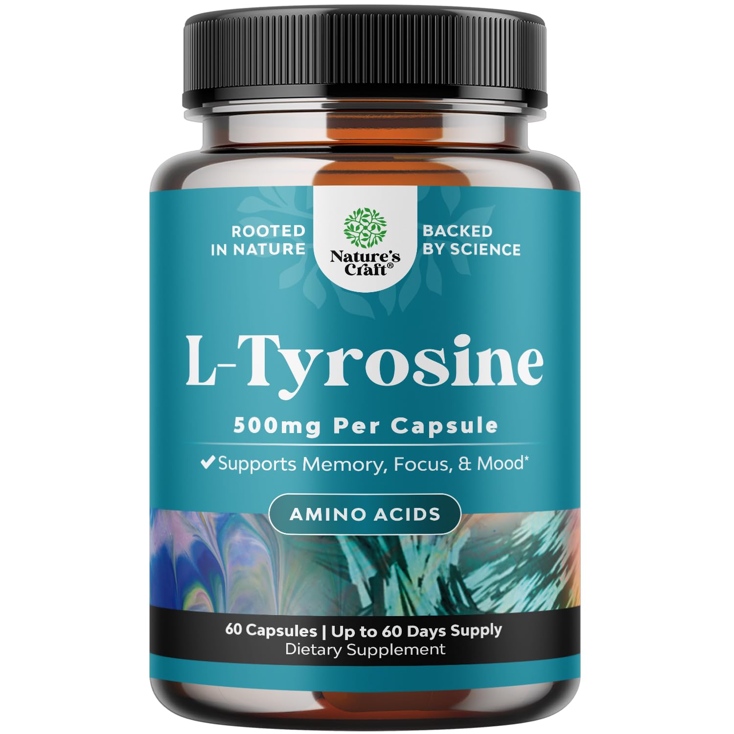 Free Form L Tyrosine 500mg Capsules - High Strength L-Tyrosine Supplement for Mental Energy and Focus Support - Amino Acid Nootropic Supplement for Mood Focus Attention and Cognition - 60 Count