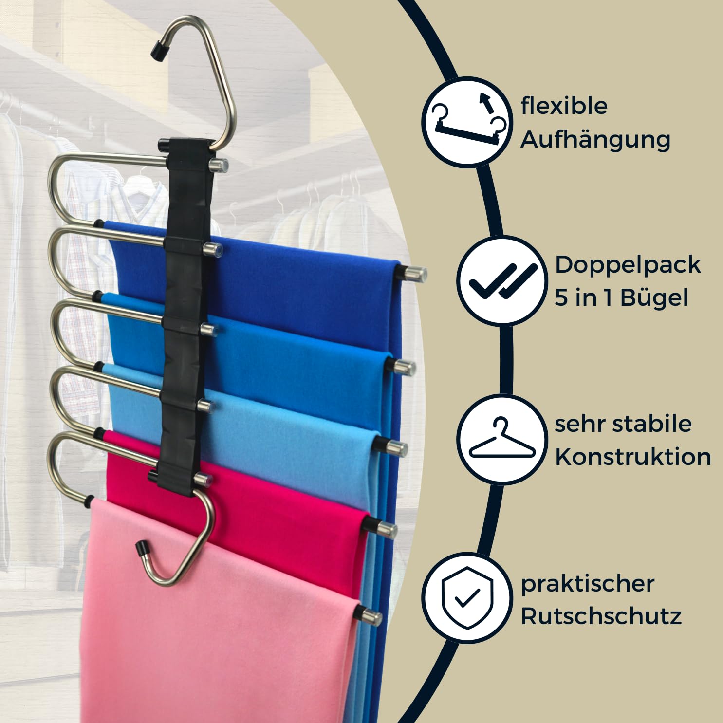 Kleiderbügel platzsparend 2X mehrfach Hosenbügel mit Rutschschutz - 5in1 Hosenaufhängung - Kleiderschrank Organizer (Schwarz)