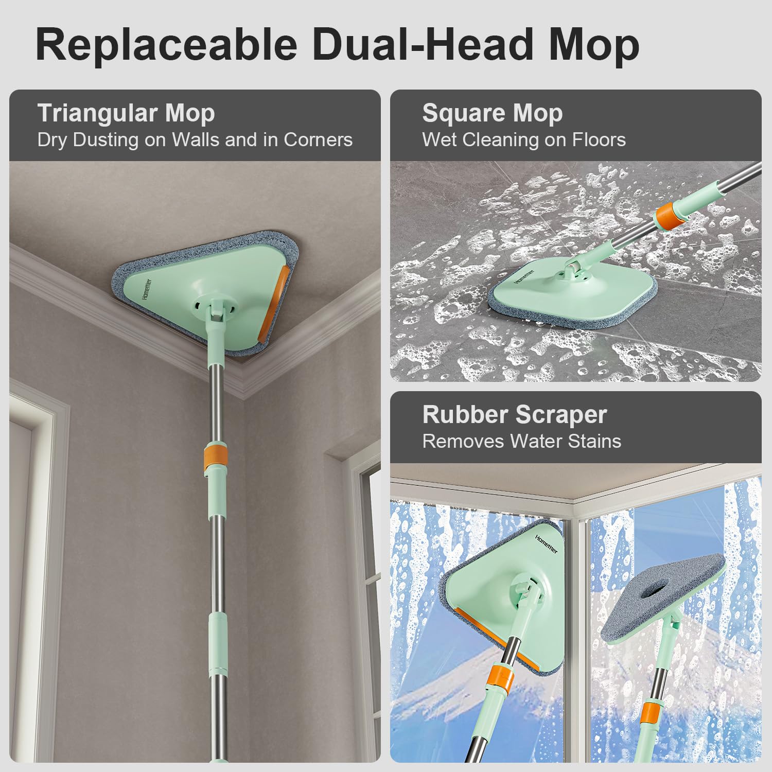 HoMettler Juego de fregona giratoria y Cubo, Cubo Interior Desmontable con Sistema de Agua Sucia Separado, fregonas de Limpieza Profunda para Limpieza de Suelos/Paredes con Cabeza Triangular y 4