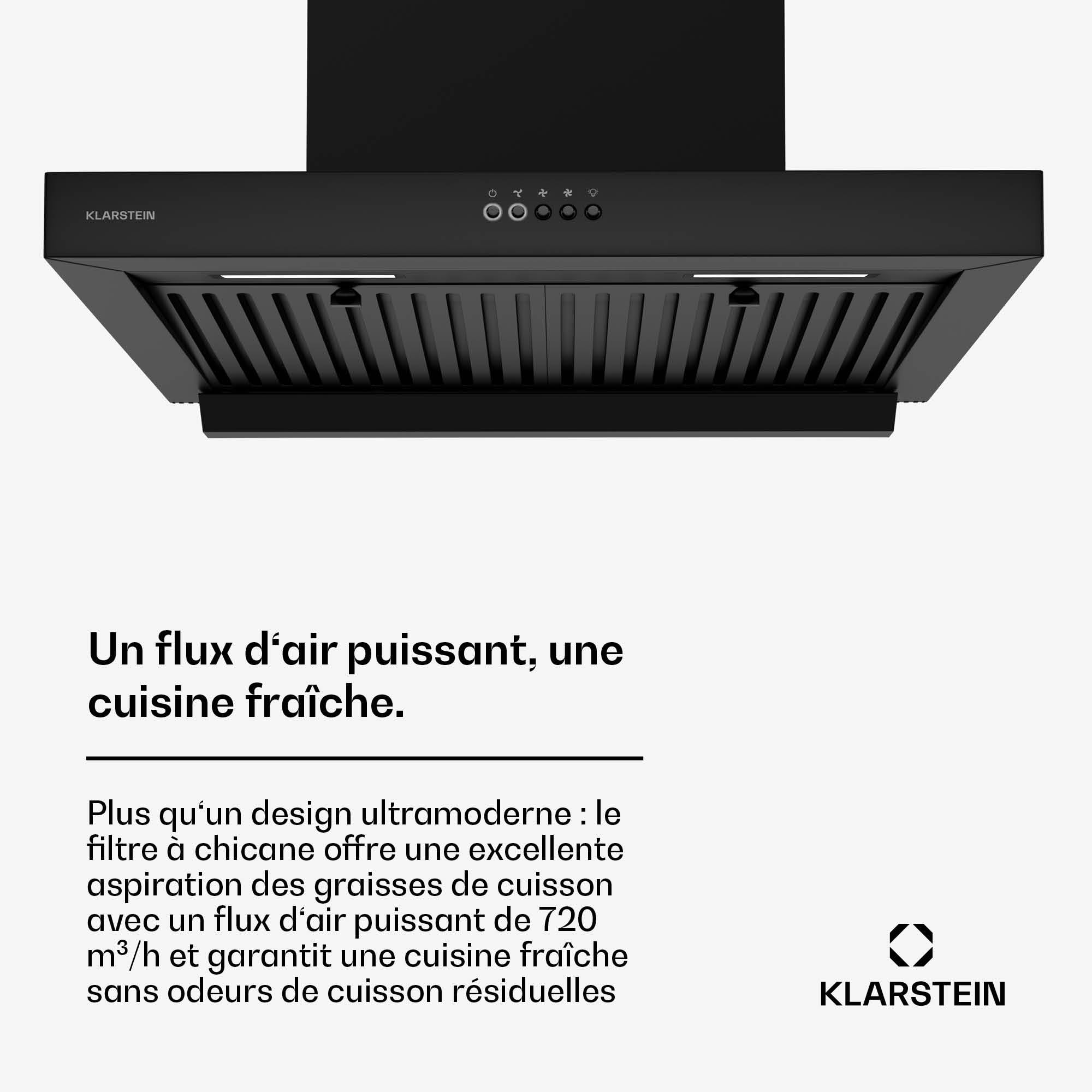 Klarstein AeroClean Hotte Aspirante - 60 cm Hotte murale, Débit 721 m³/h Boost, CEE A++, LED 3800-4200 K, Silencieuse 52 dB, Filtres à chicanes & Charbon, Noire