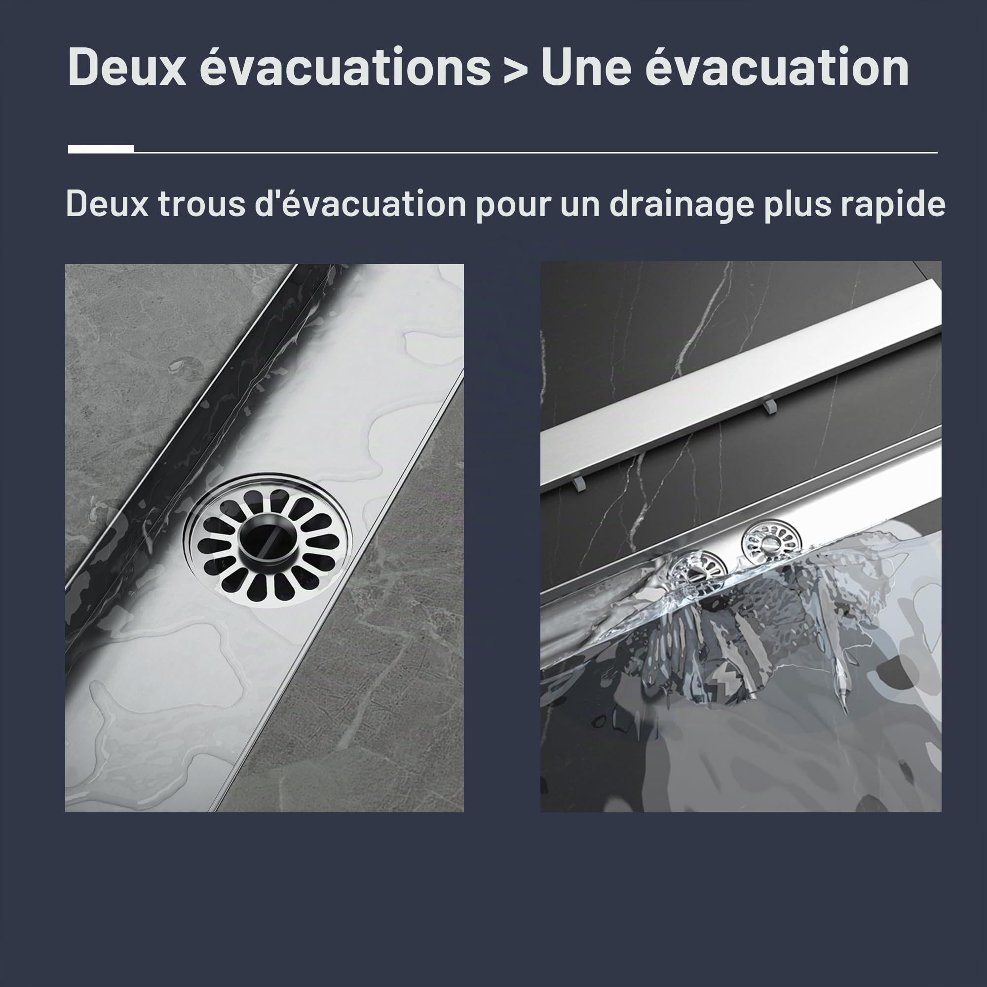 Neodrain Caniveau de douche 60 cm en acier inoxydable plat avec 2 canalisations, siphon à 360° avec siphon et filtre à cheveux