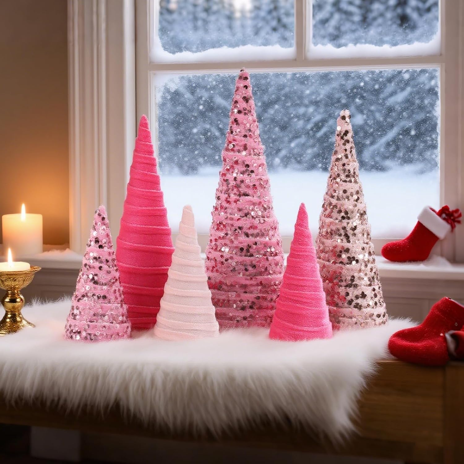6 Pcs 12" 10" 6" Pink Valentines Cone Tree Decorations Velvet Pink Glitter Table Decor Flocked Farmhouse Tiered Tray Ornament Valentines Xmas Tree for Home Holiday Entryway Tabletop Centerpiece Decor - Image 7