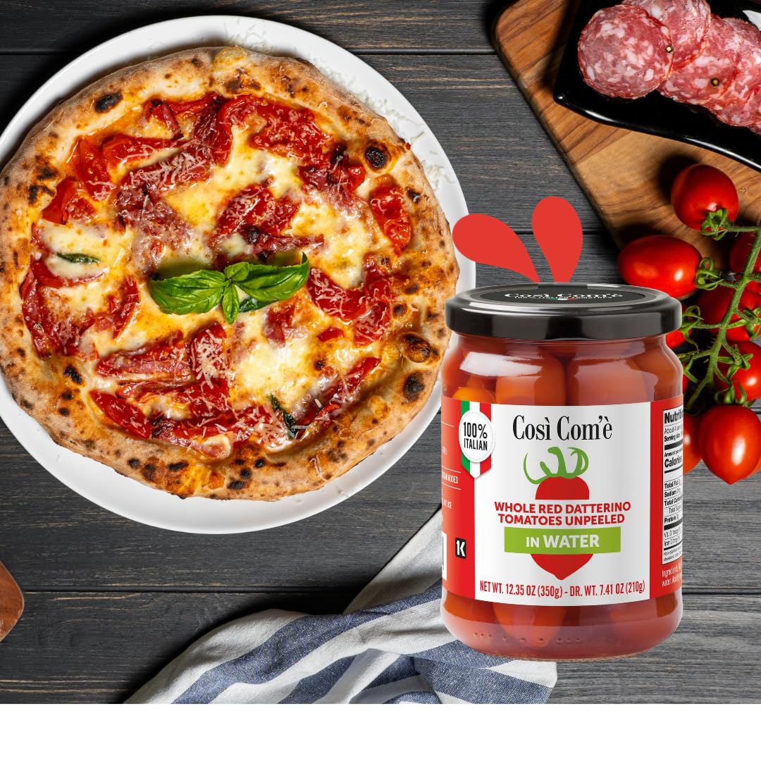 Cosi Come - Datterino Red Tomatoes Unpeeled in Water, Datterini Tomatoes in water (12.354 oz) 350 g, Low-acid, No additives, No preservatives, 100% Natural, Non-GMO, Product of Italy
