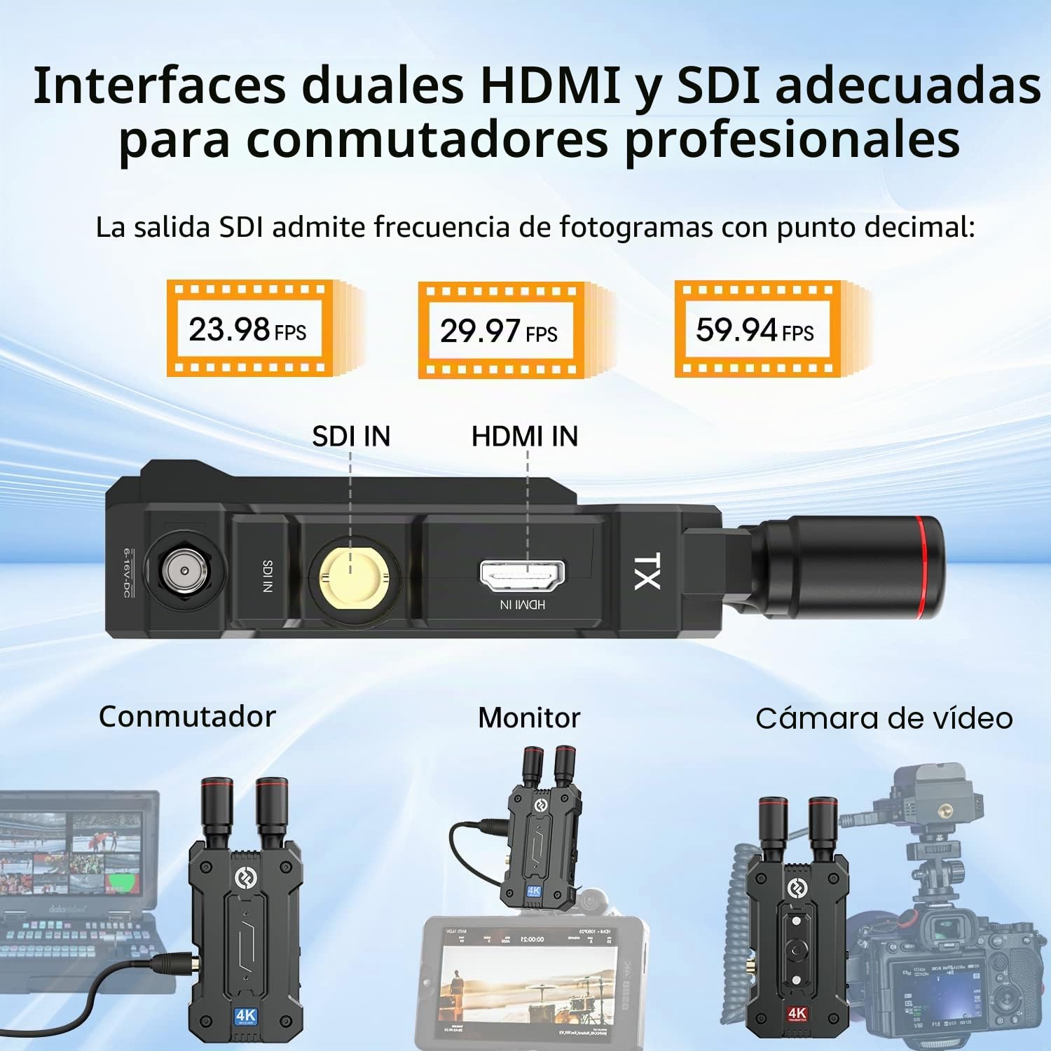 Hollyland Mars 4K [Oficial] Sistema inalámbrico de 5G vídeo inalámbrico SDI HDMI Interfaz 4Kp30 FPS con Punto Decimal, UHD/FHD/HD, 150m LOS Rango 66ms Latencia, 12-20Mbps, 4 App para monitoreo-1TX