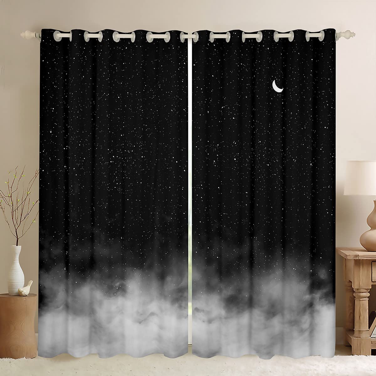Loussiesd Shiny Star Blackout CurtainsMoon Star Sky Curtain Gradient Black Grey Darkening Window Drapes for Bedroom Romantic Style Window Treatments W52*L90