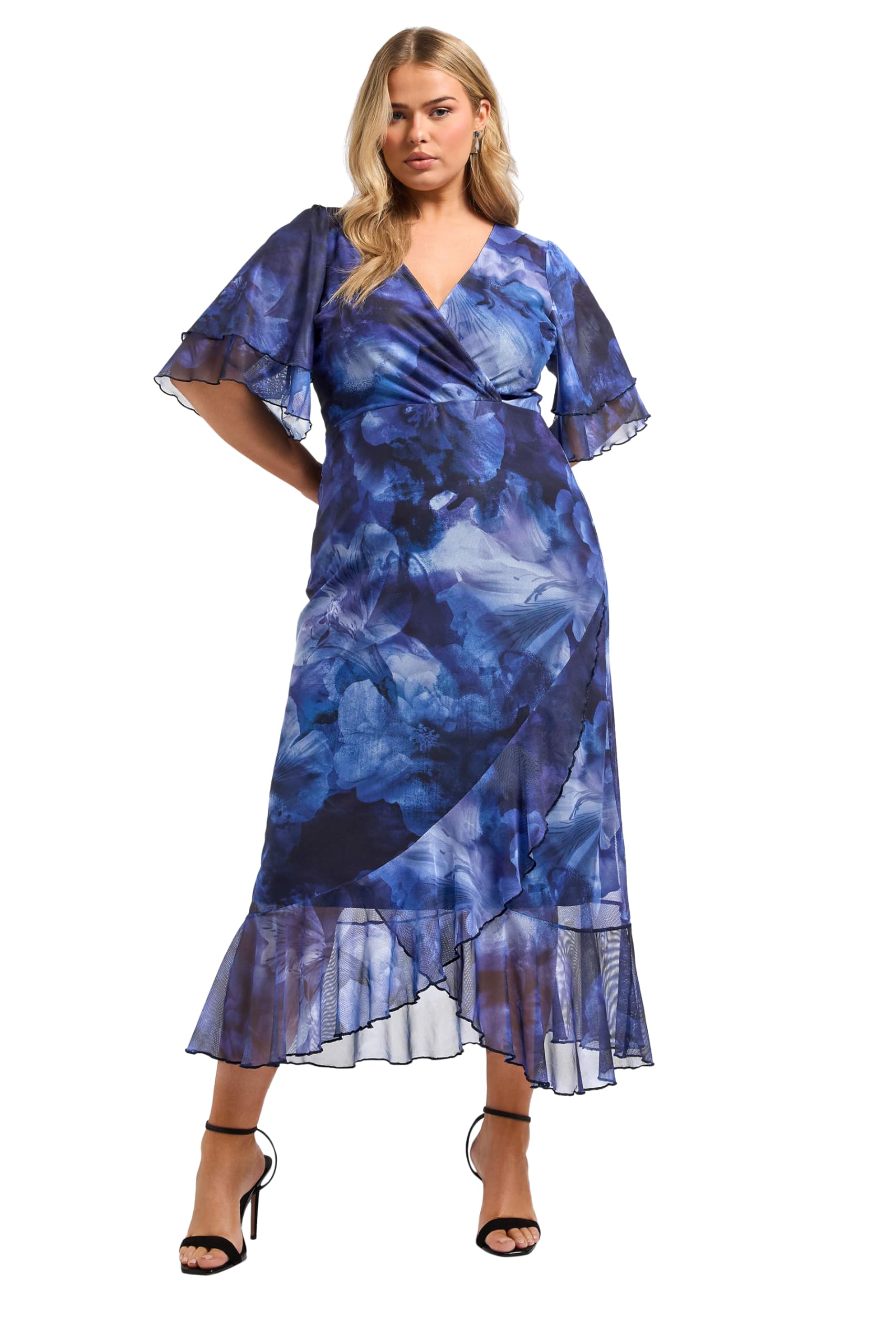Yours Women's Blue London Curve Blur Floral Print Wrap Dress - Plus Size Curve