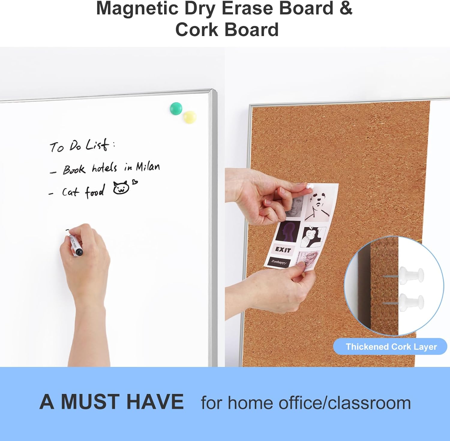 ARCOBIS Cork Board White Board Combo, 24 x 18 Inch Bulletin Board, Magnetic Dry Erase Board & Corkboard for Wall, Vision Board for Home, Office, School, Silver Frame Silver 24 x 18 Inch