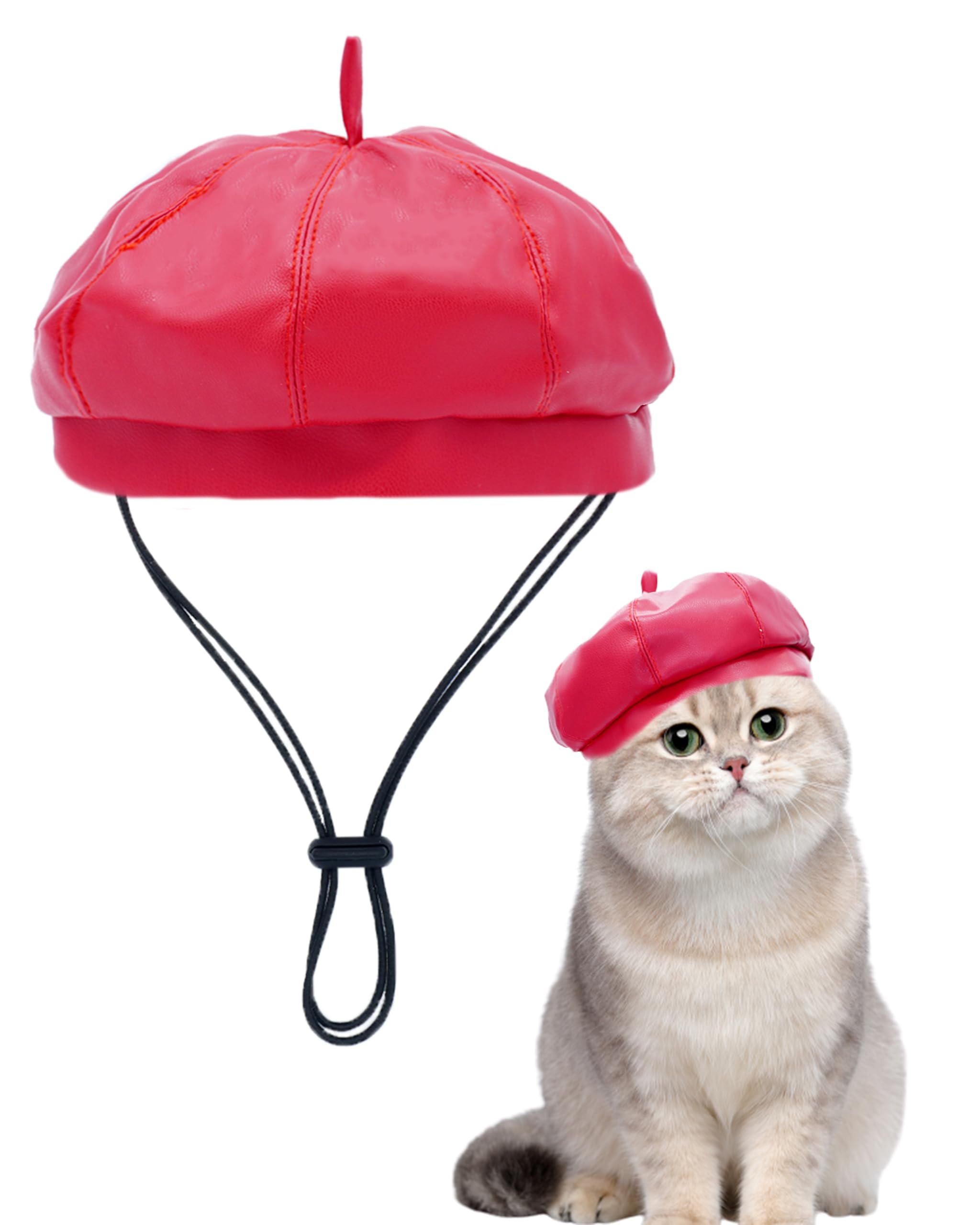 PET SHOW Dog Beret Hat for Small Dogs Cats Party Holiday Headband Cap French Leather Berets with Adjustable Chin Strap Cute Fashion Puppy Hats Pets