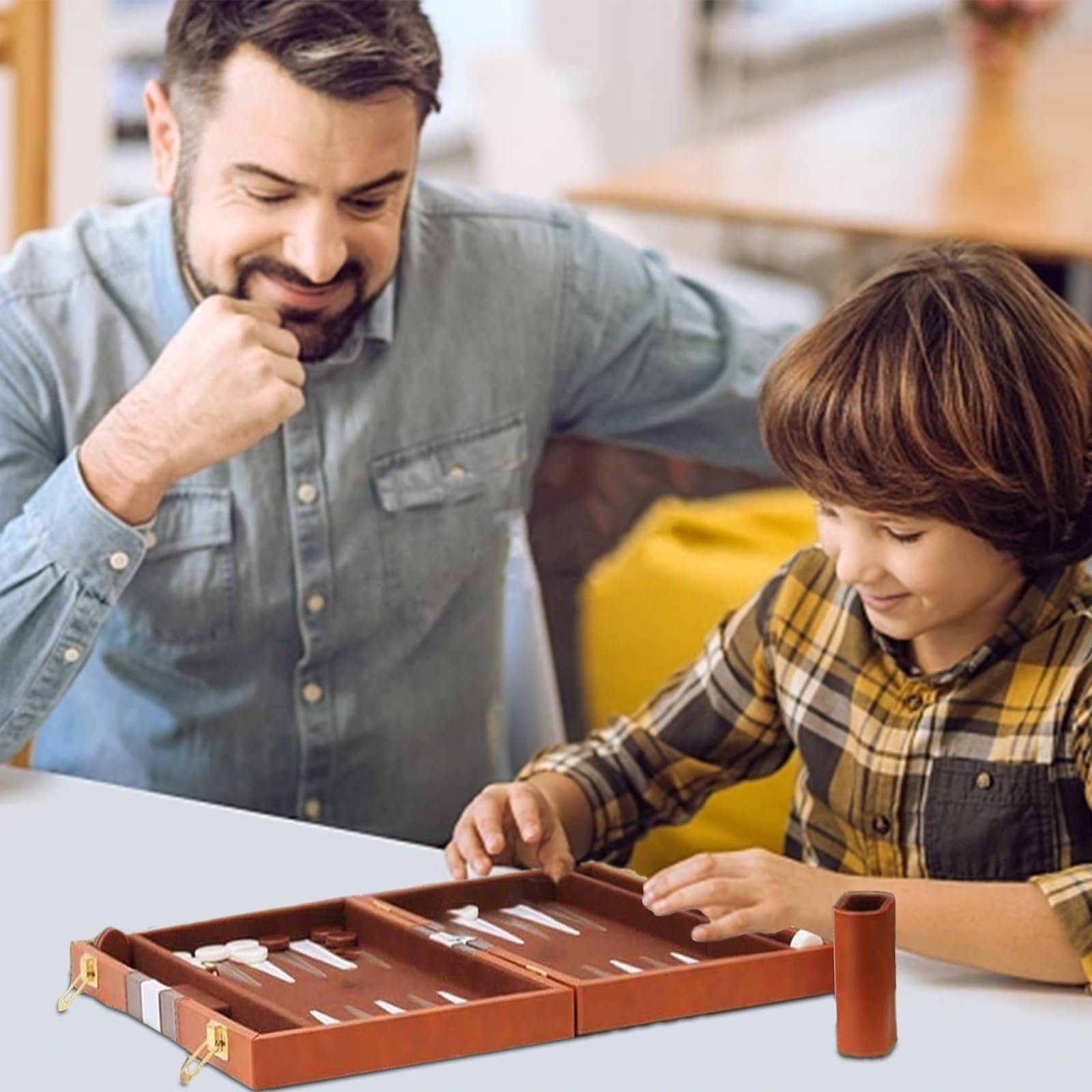 Backgammon Set Met Houten Intarsia - Draagbare Reis Backgammon In Luxe Leren Tas | 2 Spelers Bordspel