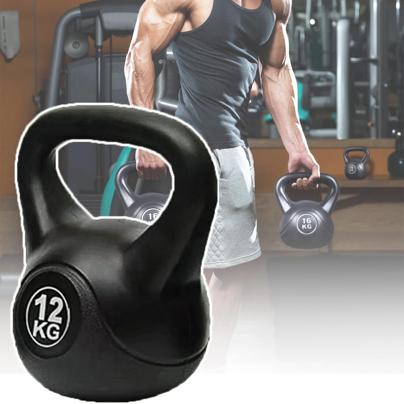 Ciężkie Odważniki Kettlebell, Odważniki Winylowe (4/6/8/10/12/14kg), PP + Beton Cementowy, Uchwyt Łukowy/antypoślizgowy, Odporny Na Upadki + Duża Wytrzymałość, Unisex,12kg