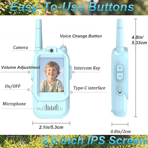 Miniatura 9 de Walkie Talkies de video para niños, paquete de 2, 4 efectos de voz, juguetes de radio de 2 vías de largo alcance, regalos de cumpleaños de Navidad
