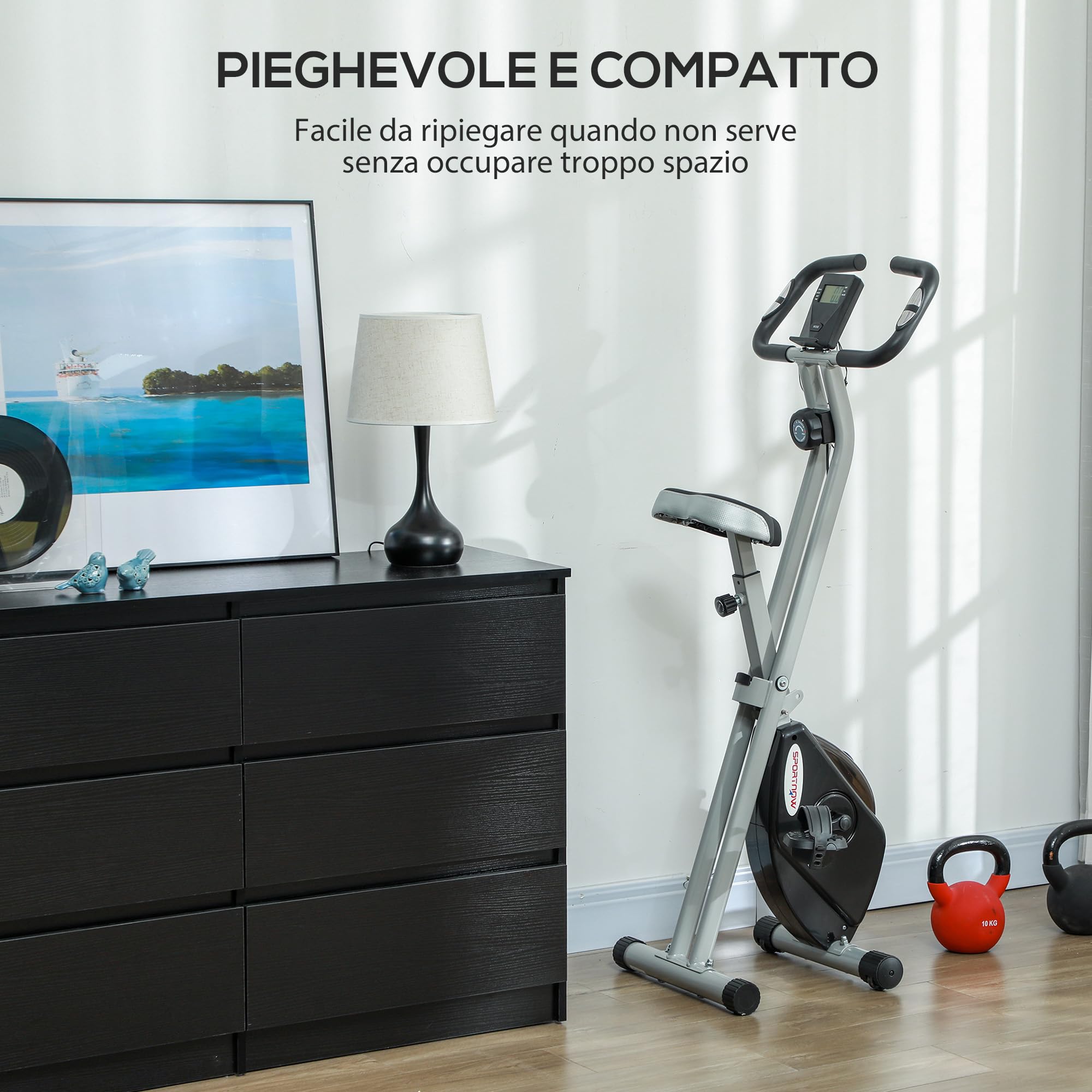 SPORTNOW Cyclette Magnetica Pieghevole da Casa con Resistenza a 8 Livelli, Display LCD e Battito Cardiaco, Rotelle, Sellino Regolabile e Supporto Integrato, in Acciaio