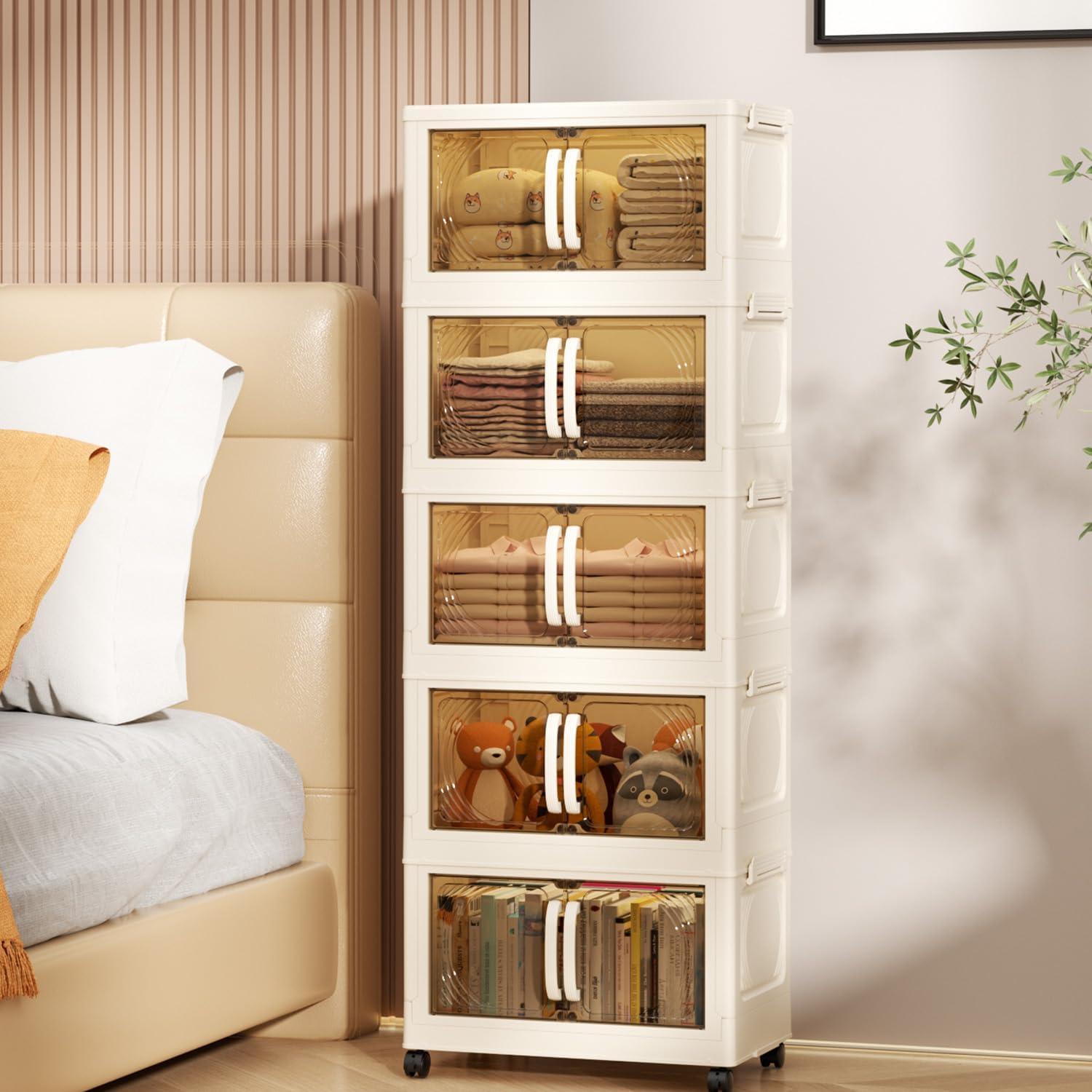 Karramlili 5-Tier Collapsible Storage Bins with 360° Wheels – 28QT Foldable Organizer Cabinet for Closet, Living Room, Office, Garage, 17.7"x10.2"x47.6", Space-Saving, No-Tools Assembly