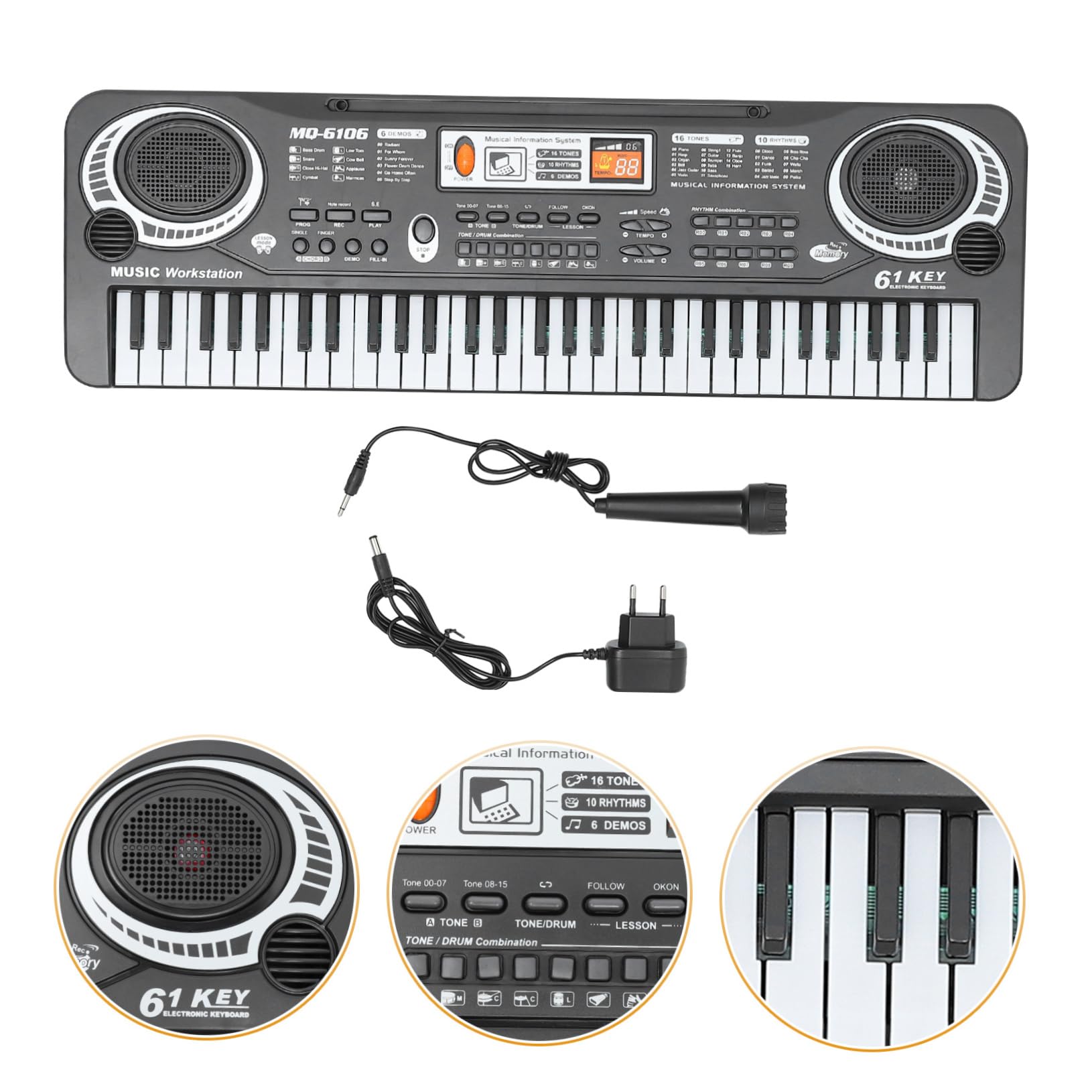 Piano Electrónico de Juguete de 61 Teclas Negro Abs para Niños
