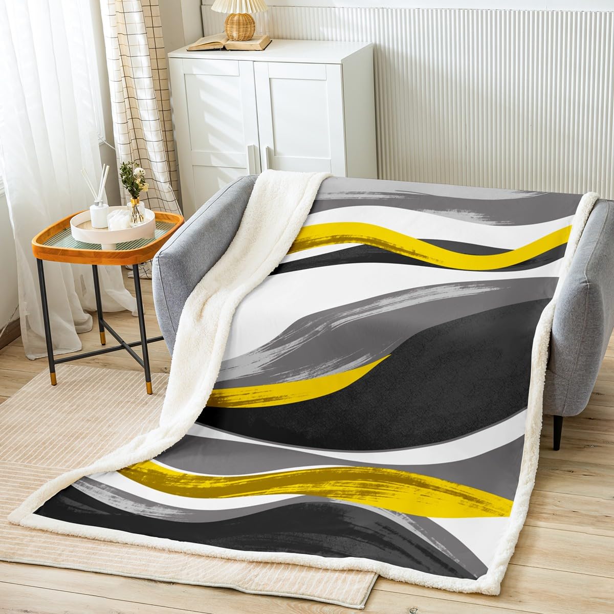 Bedluxy Boys Yellow Retro Stripe Swirl Art Fleece Throw Blanket Grey And Black Plush Blanket Abstract Geometry Sherpa Blanket For Kids Girls Modern Wavy Fuzzy Blanket Baby 30"X40"