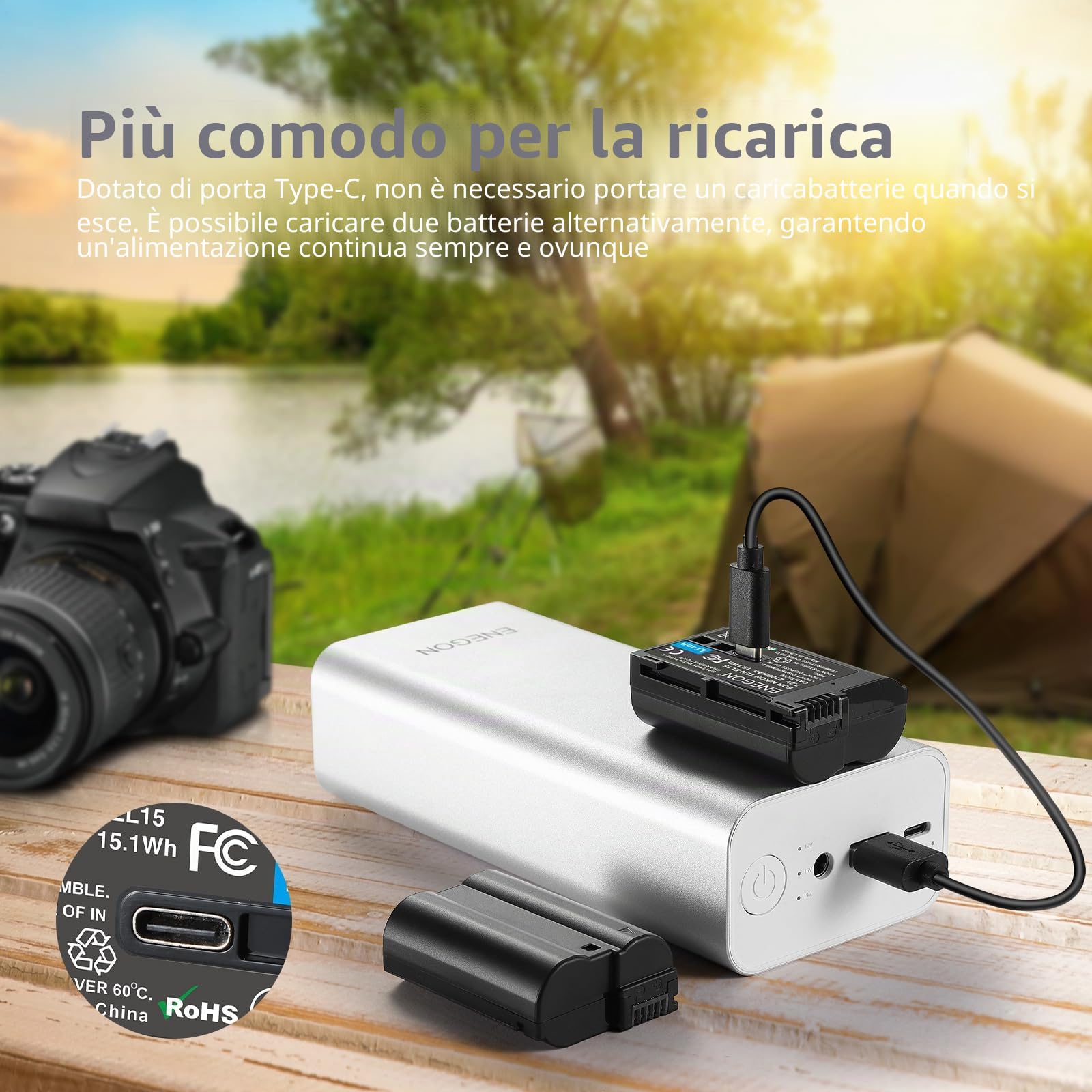ENEGON EN-EL15/EL15c Batteria di ricambio USB-C a carica diretta 2100 mAh,per Nikon EN-EL15,compatibile con Nikon D7100, D750, D7000, D7200, D600, D610, D880, D810 D800 Z5 Z6 Z7