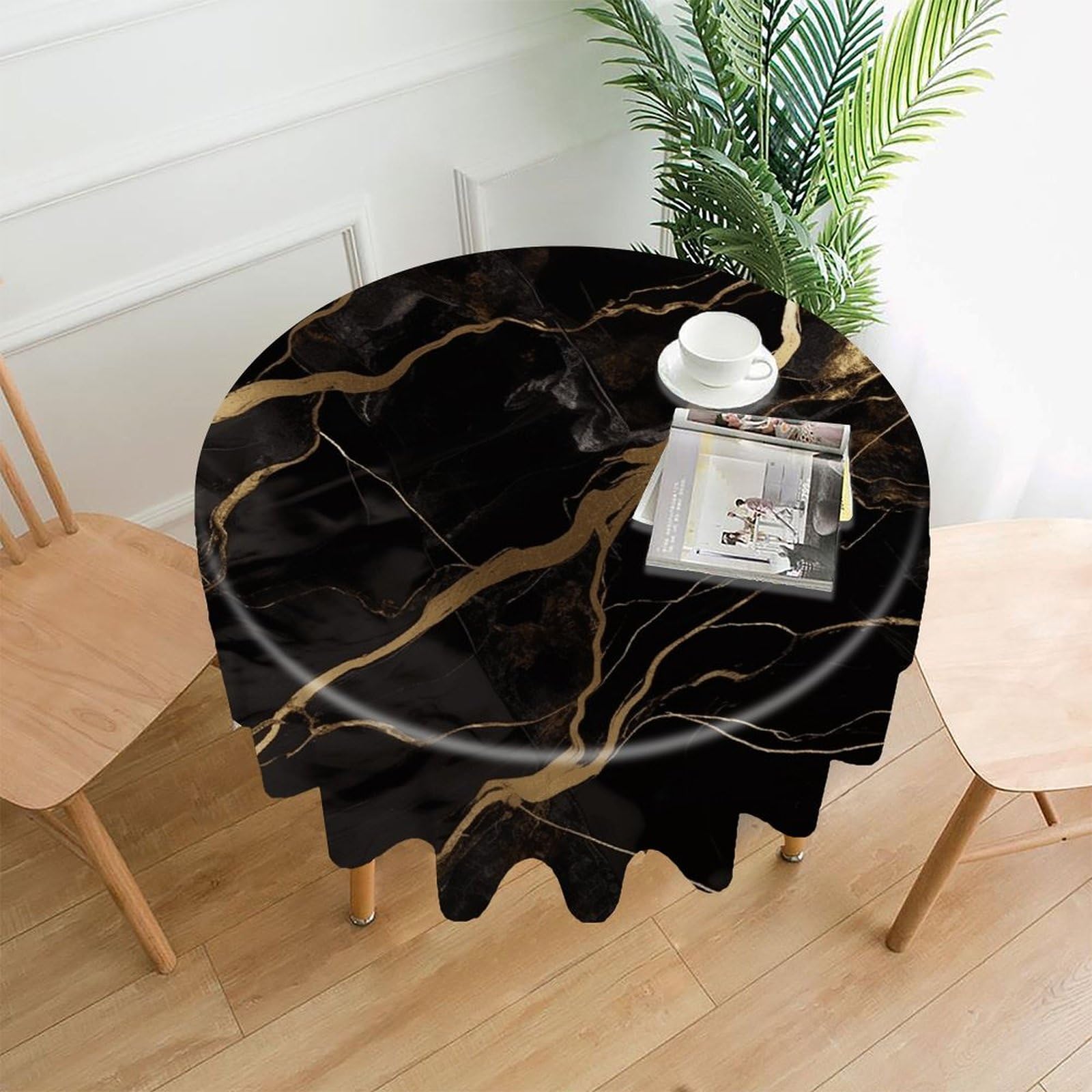 VstaDank Black Gold Marble Tablecloth Easy to Clean Polyester Round Table Cover Washable Round Table Cloth Wrinkle-Free Circle Decoration Tablecloth for Kitchen Dining Room 60"
