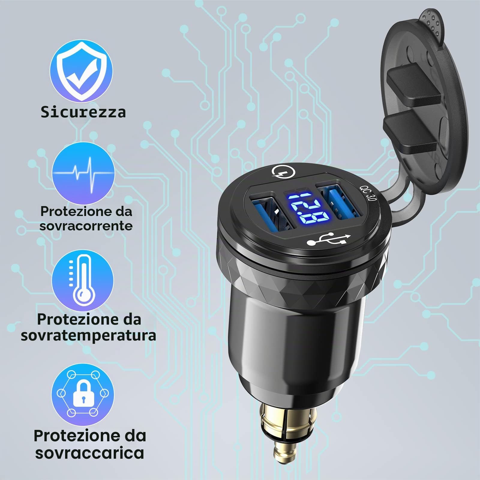 Qidoe QC 3.0 Presa Din a USB per Moto BMW: Metallo Doppio USB Presa Din Adattatore Impermeabile con Display Voltmetro Ricarica Rapida per 12-24 Volt Motocicli Europei Ducati/Triumph/BMW