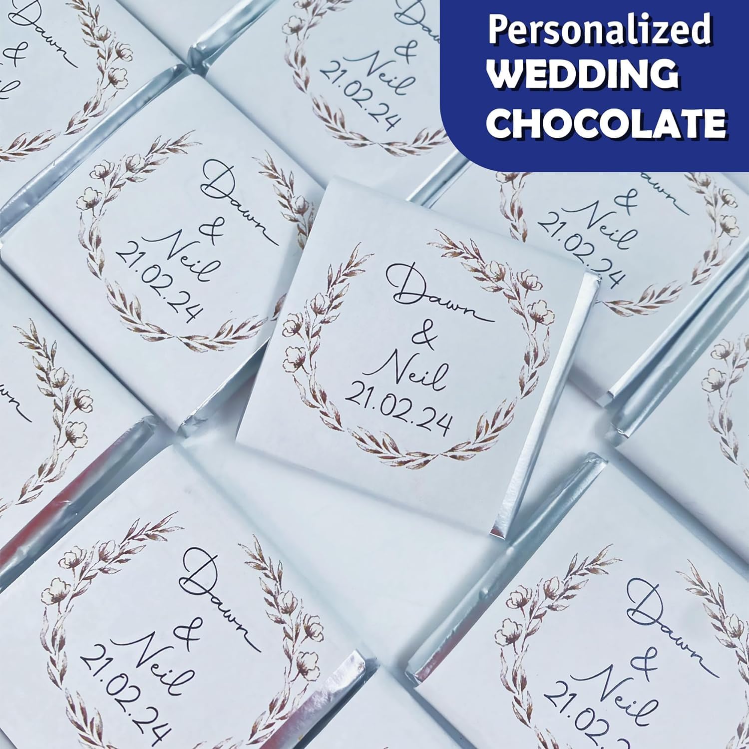 Set mit 50 personalisierten Hochzeitsschokoladen, individuelle Schokoladen-Hochzeitsgeschenke für Gäste, personalisierbares Hochzeitsgeschenk, einzigartiges Design für Hochzeit, Brautjungferngeschenke