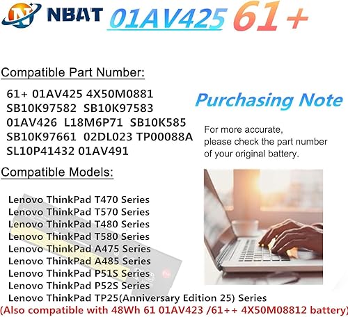 Miniatura 6 de 61+ Laptop T480 T580 Batería 01AV425 para Lenovo ThinkPad T480 T580 T470 T570 A475 A485 P51S P52S TP25 Series 61 61++ 01AV423 01AV425 01AV425