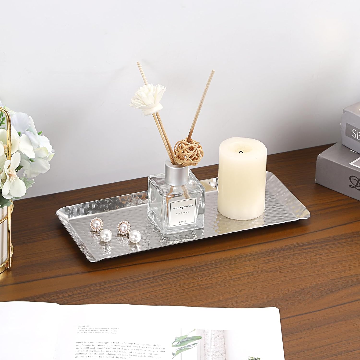 Hipiwe Key Holder for Entryway Table Small Hammered Stainless Steel Tray